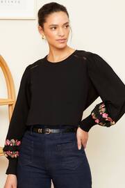 Love & Roses Black Embroidered Puff Sleeve Jersey T-Shirt - Image 1 of 4