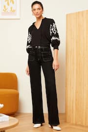 Love & Roses Black V Neck Embroidered Sleeve Jersey Top - Image 3 of 4