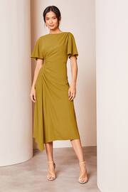 Lipsy Green Petite Ruched Asymmetrical Flutter Sleeve Midi Dress - Image 1 of 4