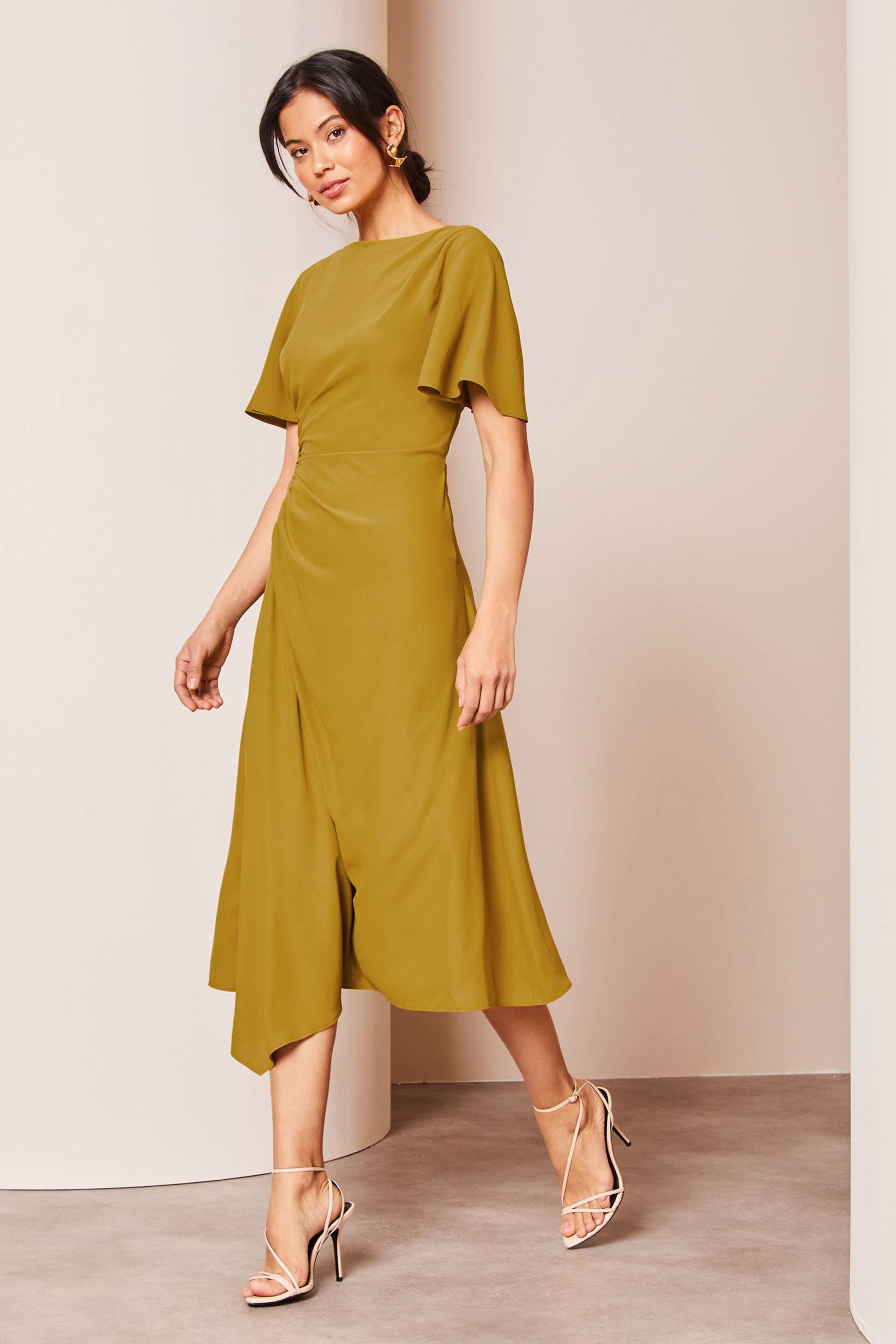 Lipsy Green Petite Ruched Asymmetrical Flutter Sleeve Midi Dress - Image 3 of 4