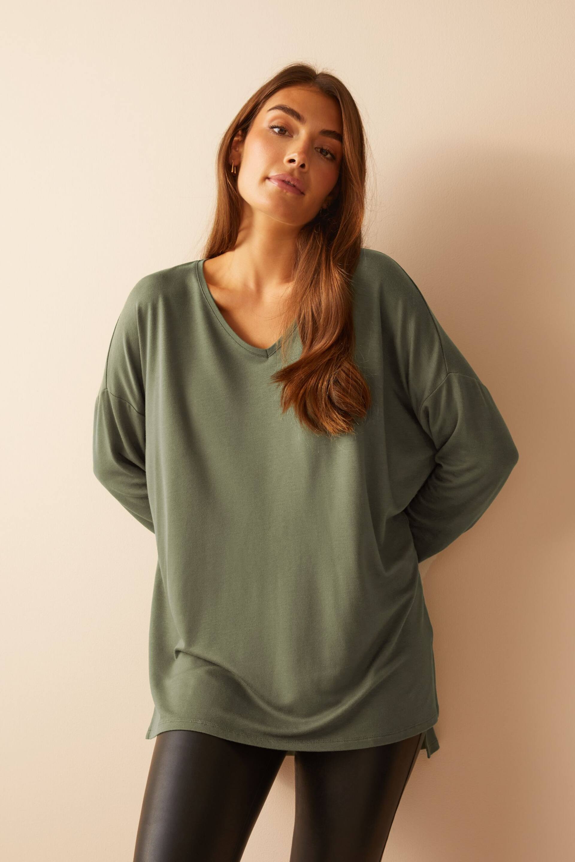 Friends Like These Khaki Green Petite Short Sleeve V Neck Tunic Top - Image 1 of 4