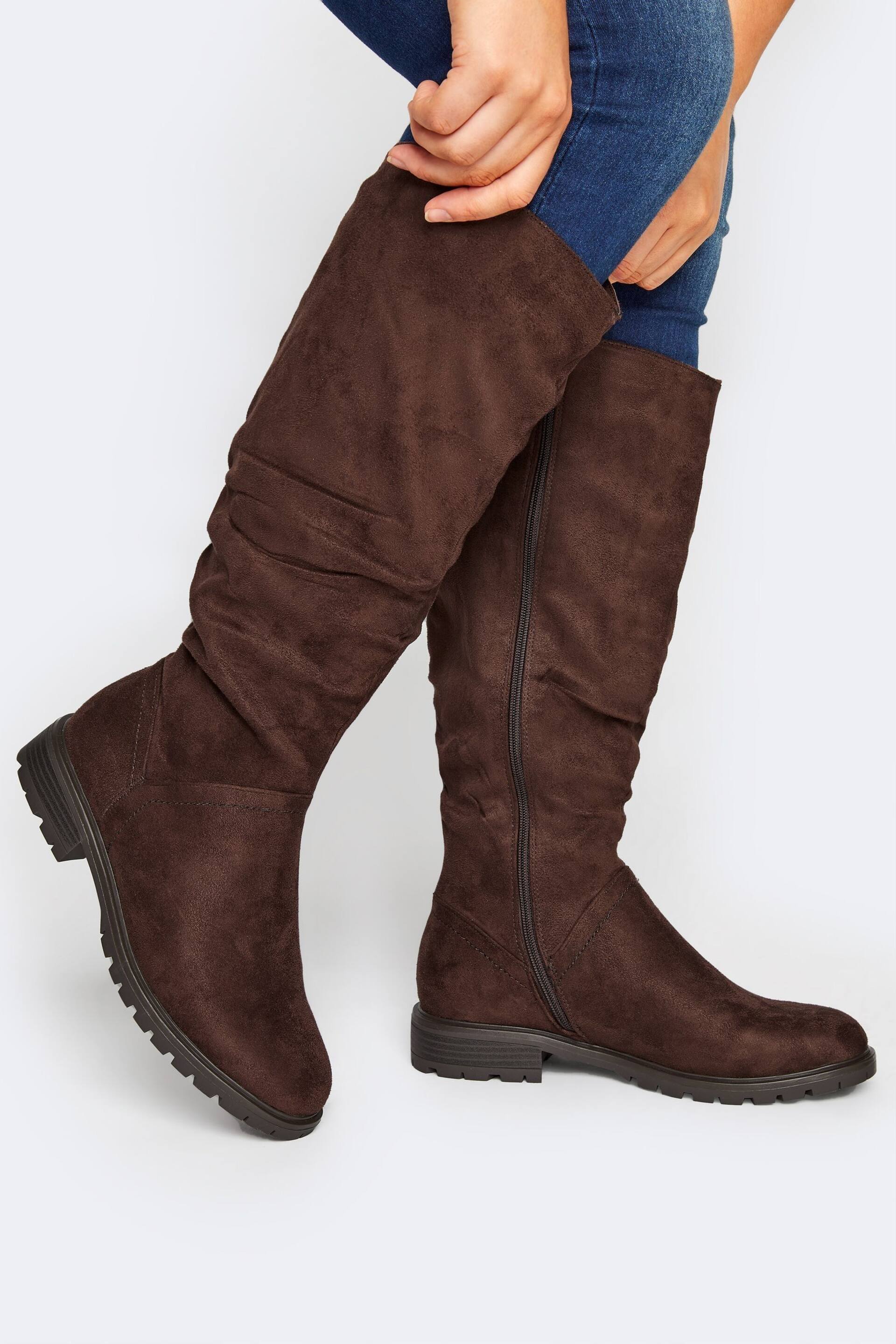 Yours Curve Brown Extra-Wide Fit Ruched Cleated Boots - Image 1 of 4