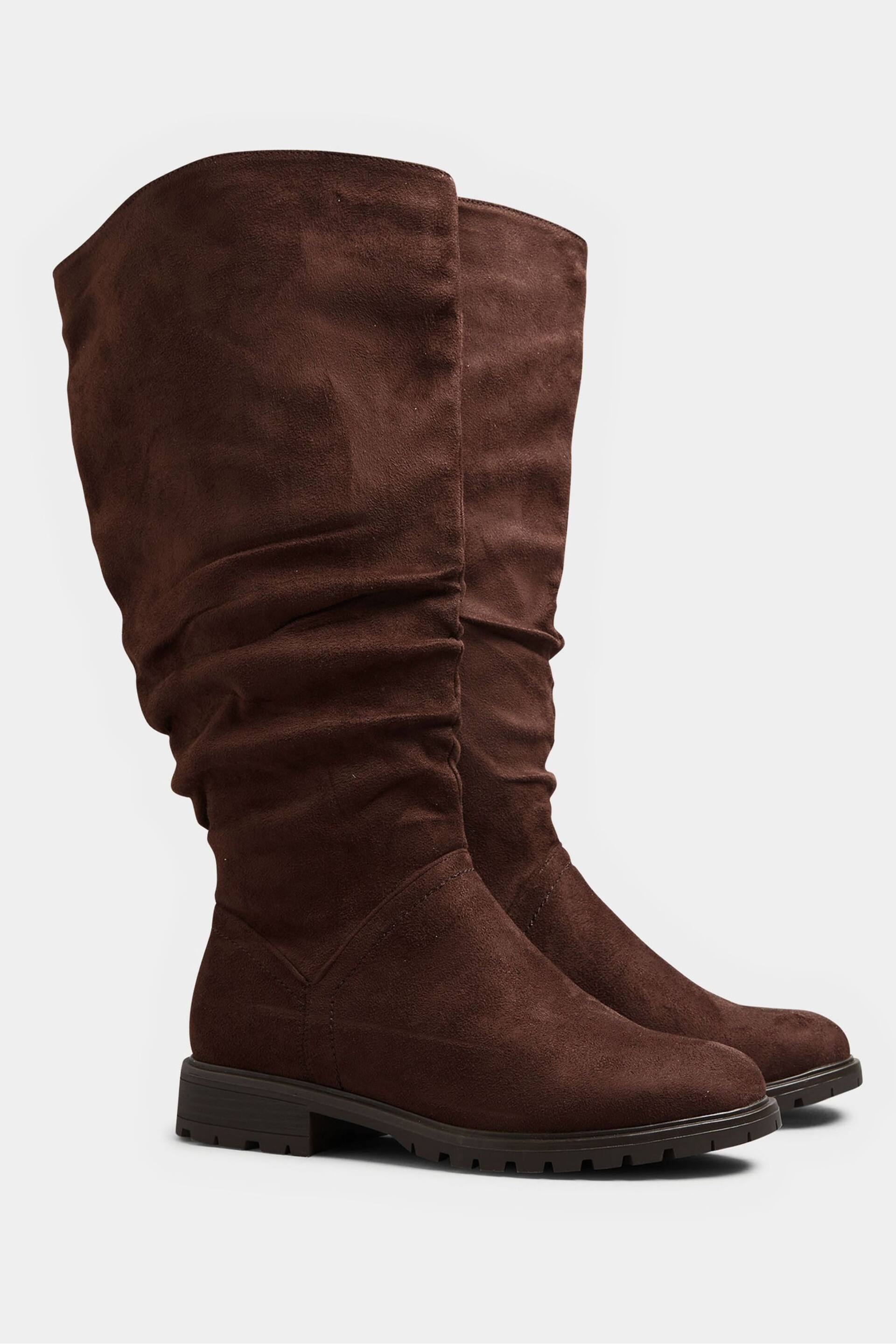 Yours Curve Brown Extra-Wide Fit Ruched Cleated Boots - Image 3 of 4