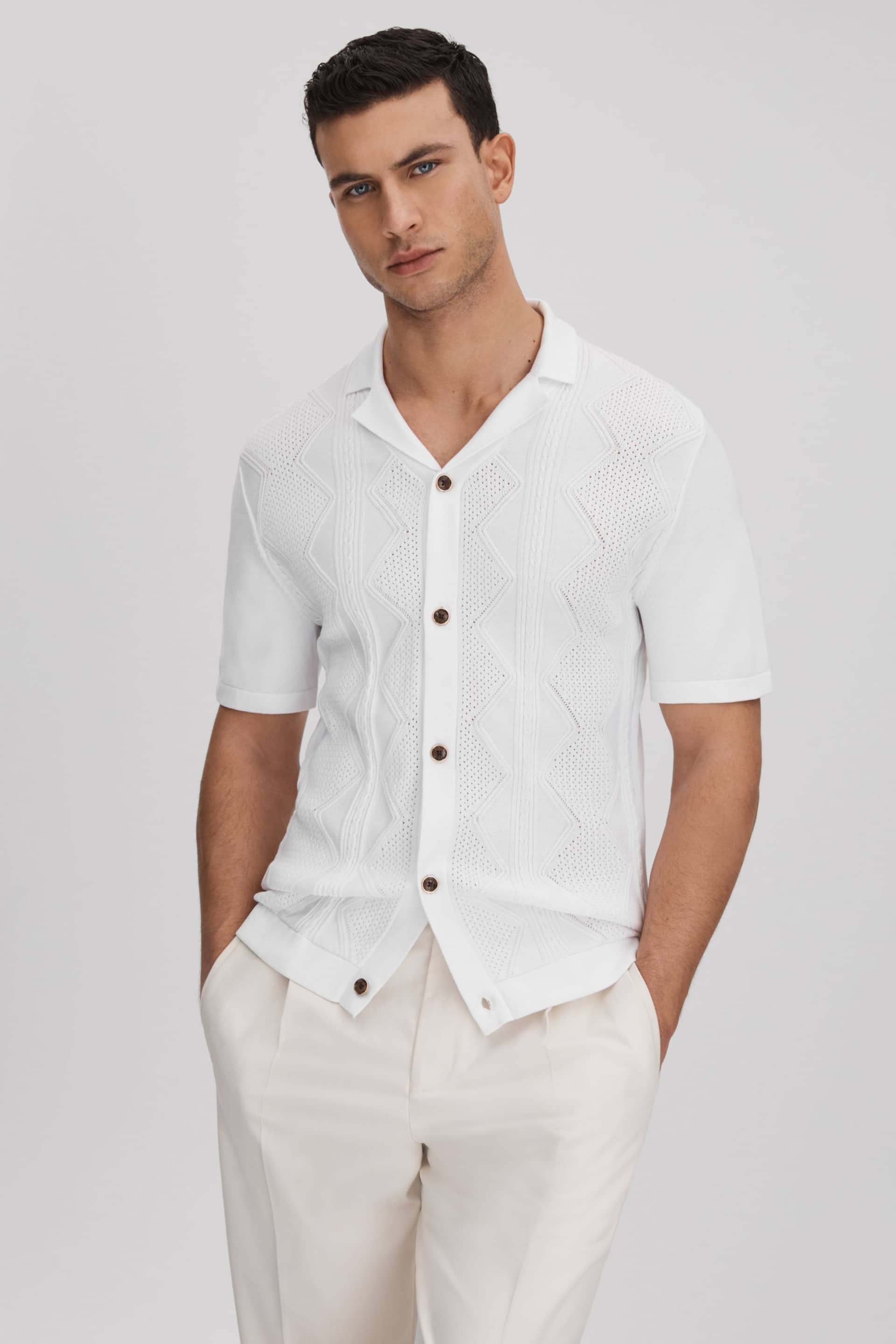 Reiss White Fortune Cable Knit Cuban Collar Shirt - Image 1 of 6