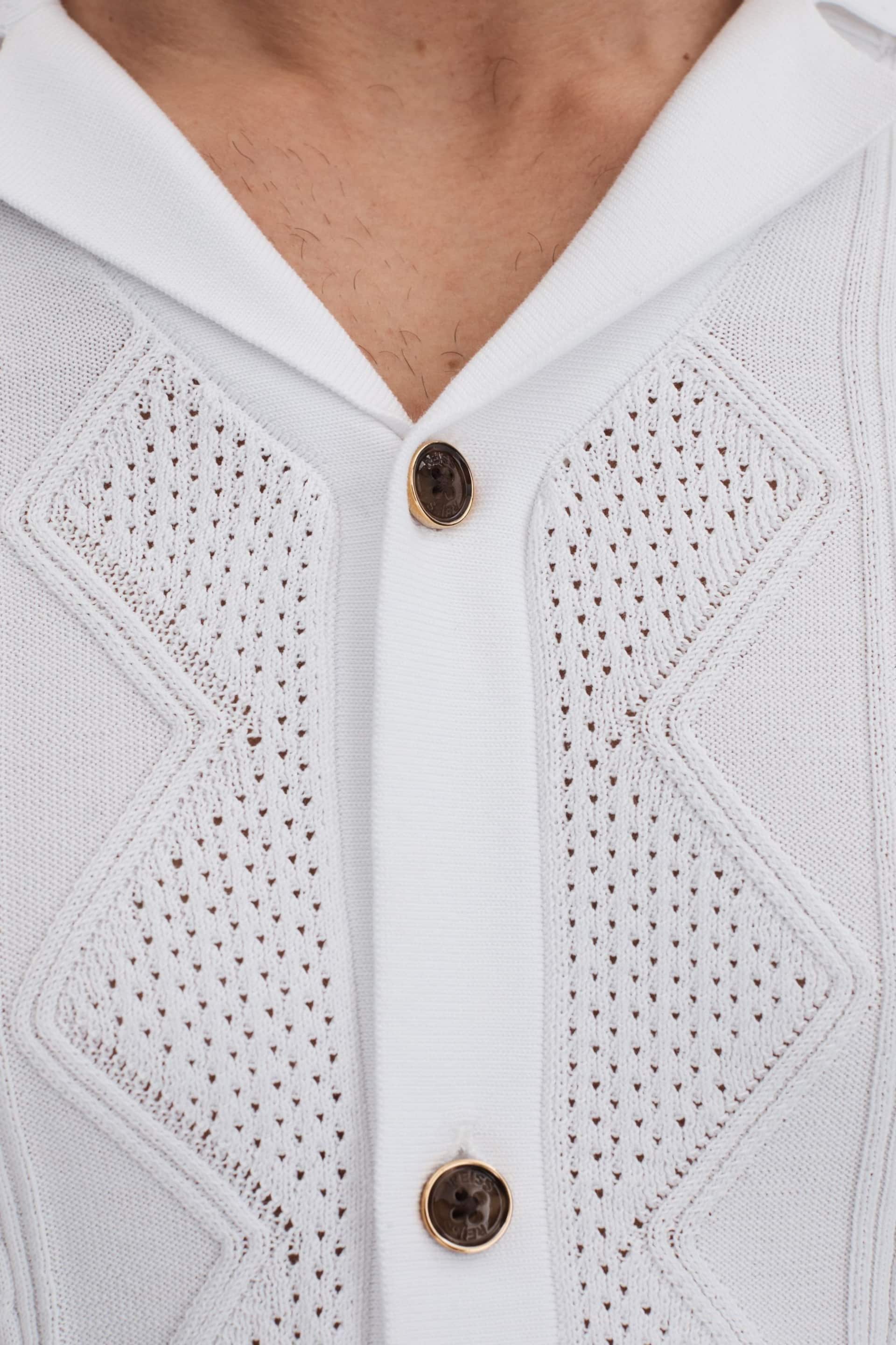 Reiss White Fortune Cable Knit Cuban Collar Shirt - Image 4 of 6