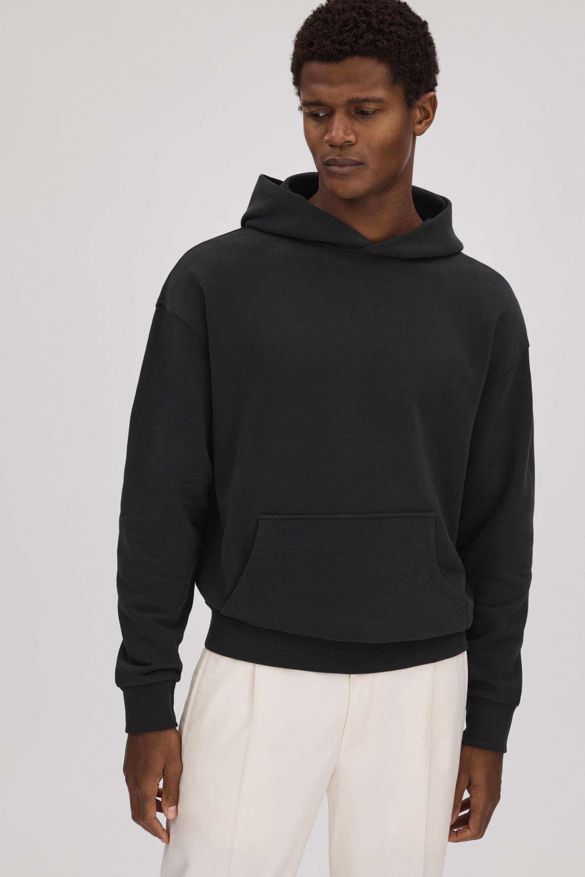 Reiss Washed Black Alexander Casual Fit Cotton Hoodie - Image 1 of 5