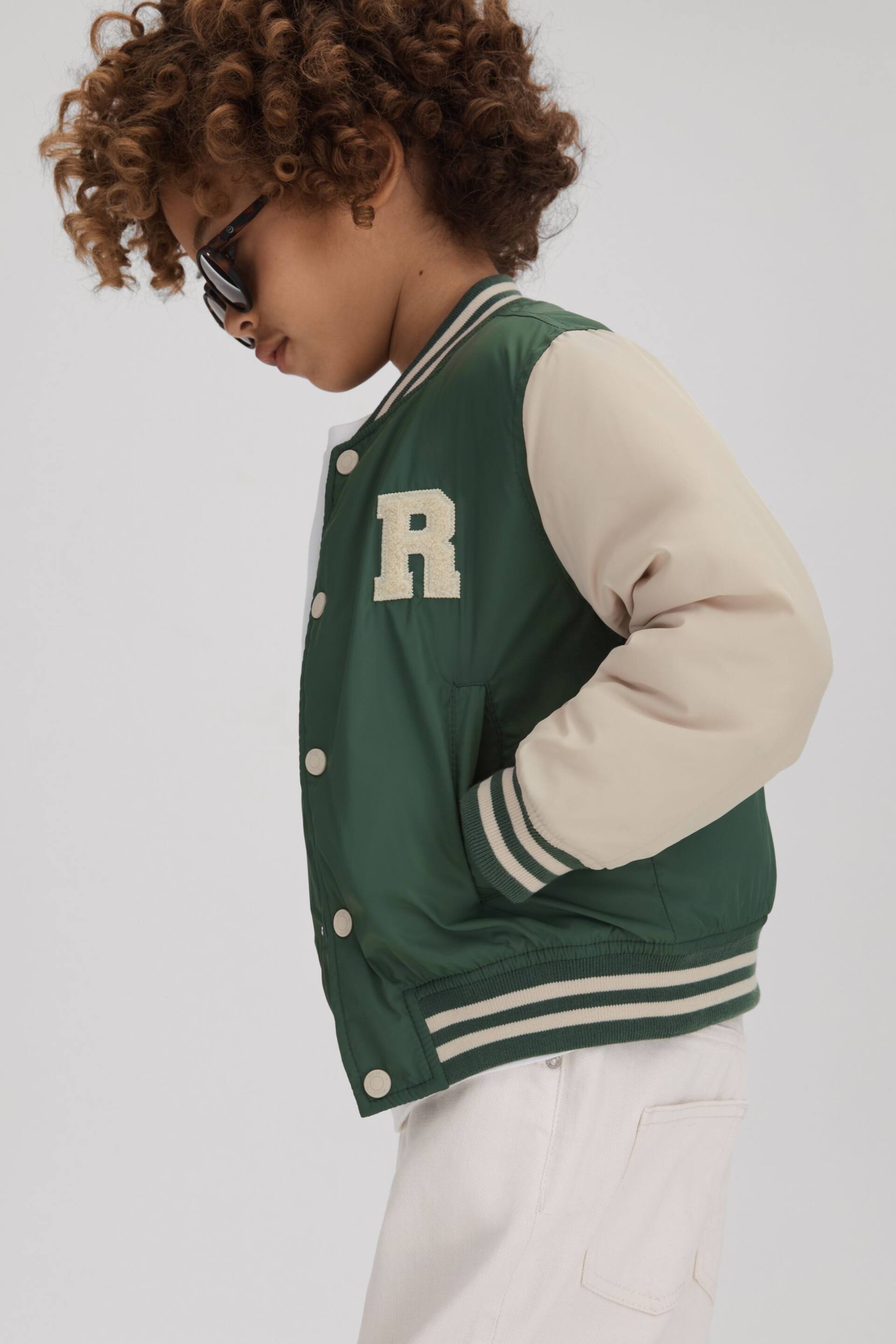 Reiss Green/Stone Arkan Junior Colourblock Varsity Bomber Jacket - Image 1 of 4