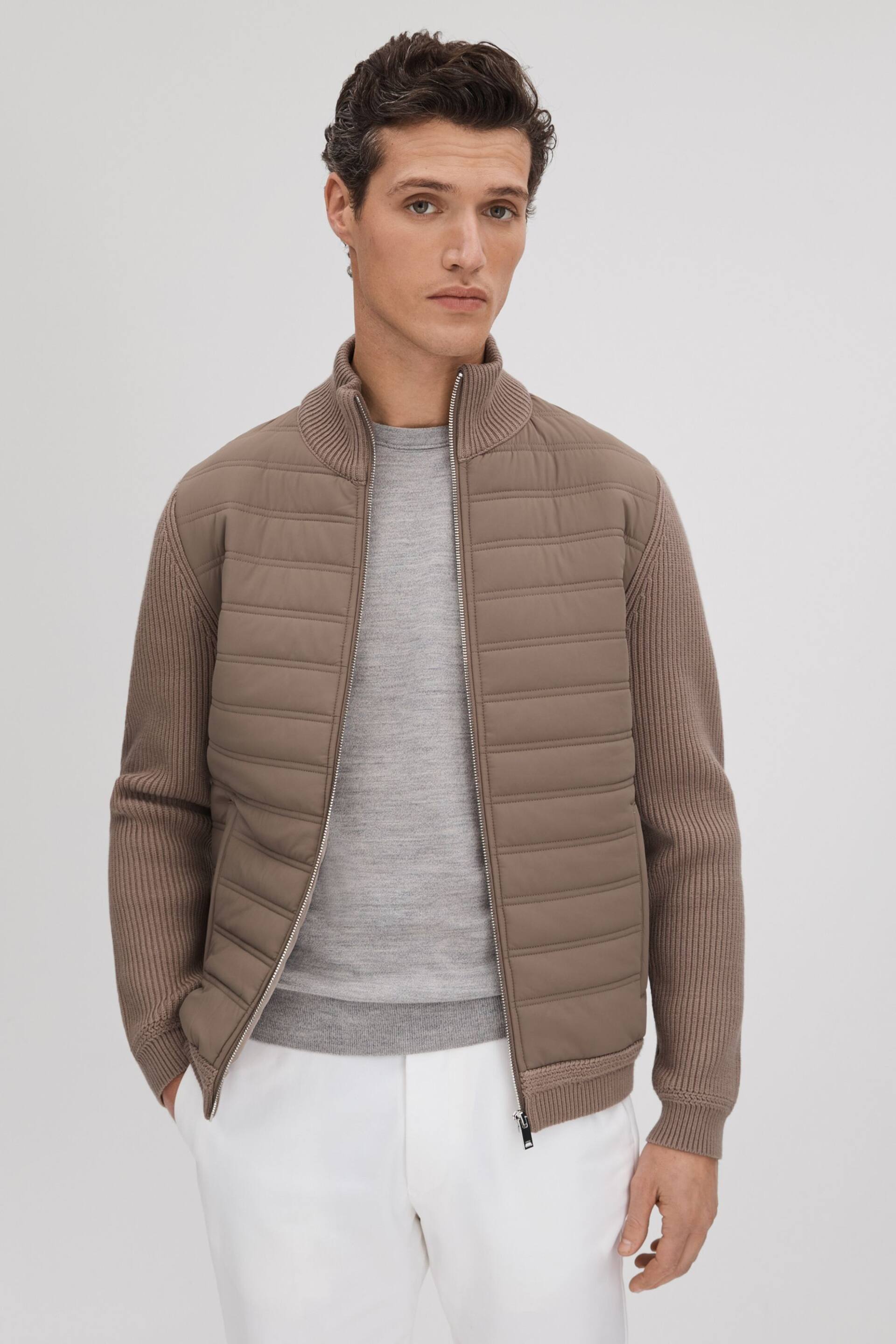 Reiss Mink Southend Hybrid Quilt and Knit Zip-Through Jacket - Image 1 of 6