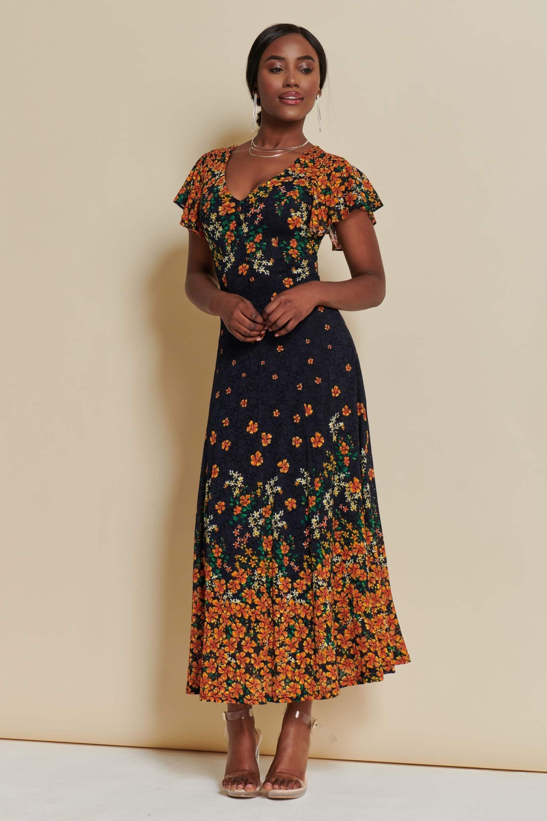 Jolie Moi Orange Lace Floral Print Fit & Flare Maxi Dress - Image 1 of 7