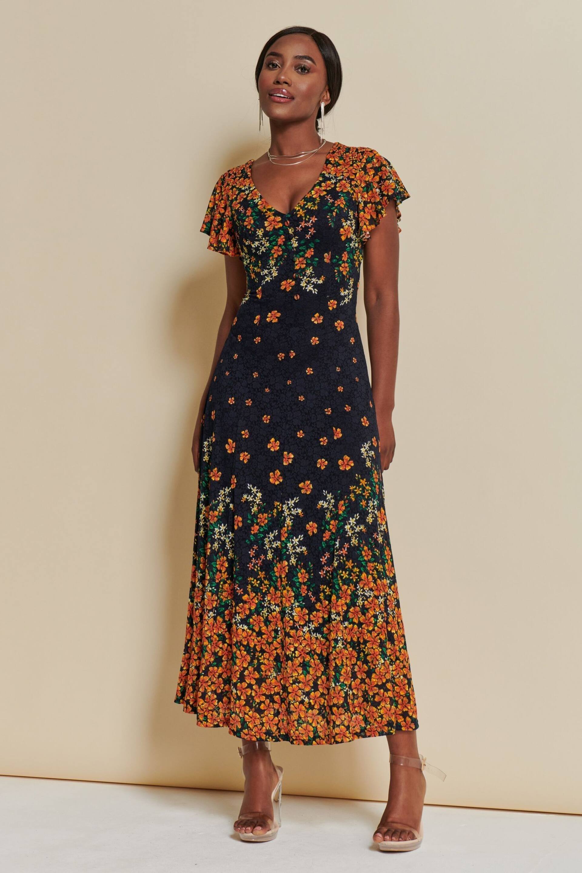 Jolie Moi Orange Lace Floral Print Fit & Flare Maxi Dress - Image 3 of 7