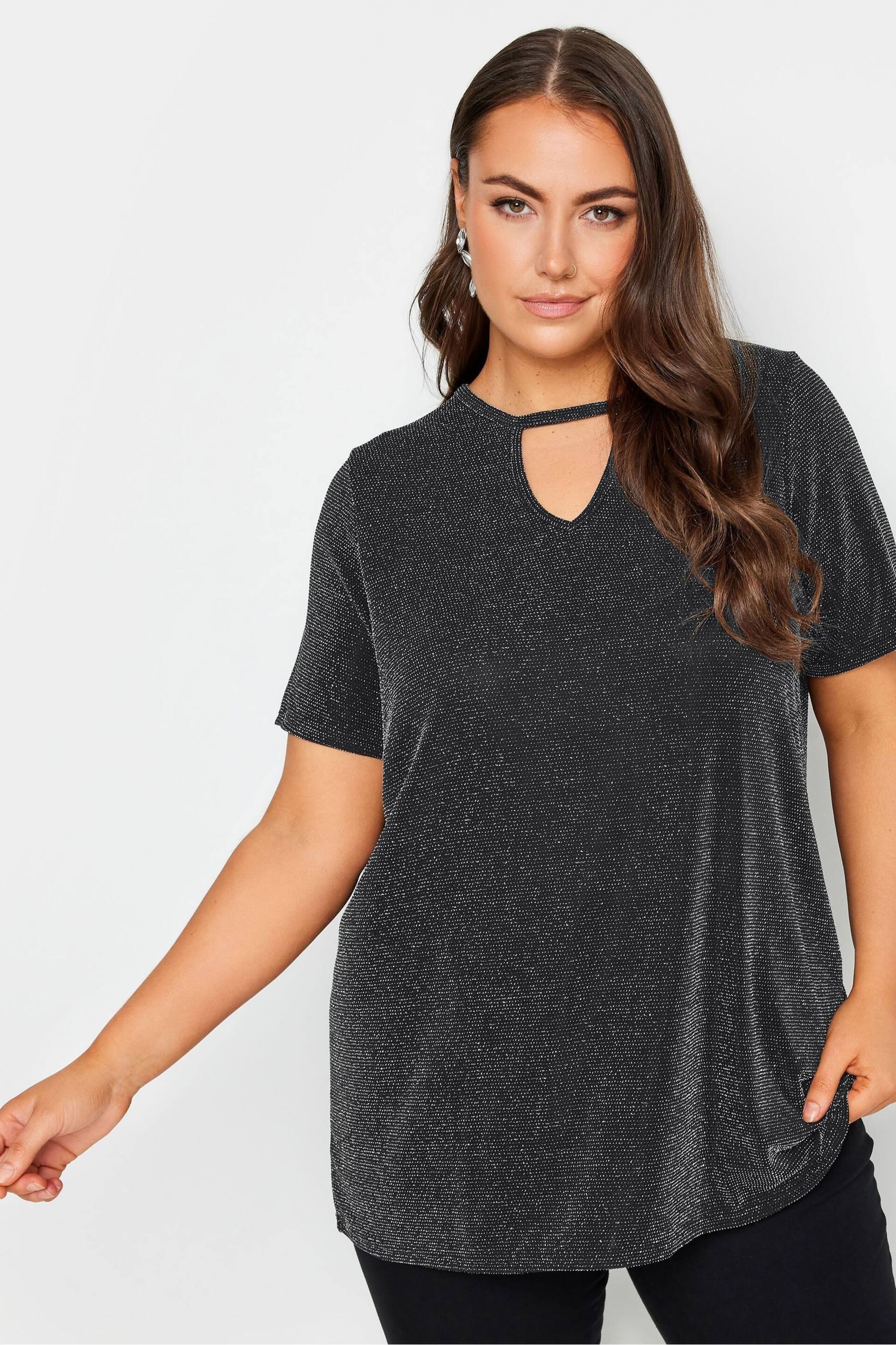 Yours Curve Black Cut Out Neck T-Shirt - Image 1 of 4