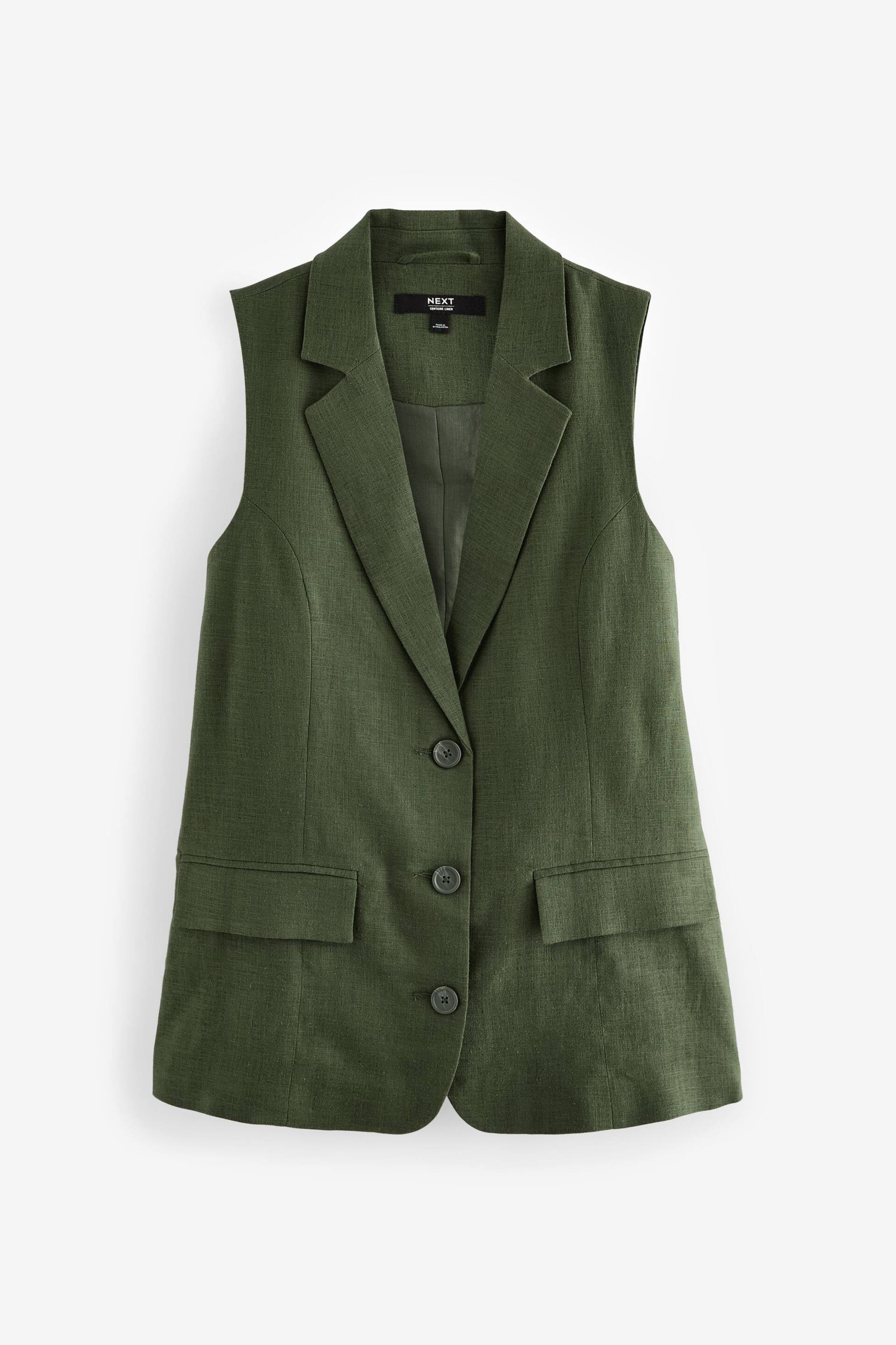 Khaki Green Linen Blend Long Line Waistcoat - Image 5 of 6