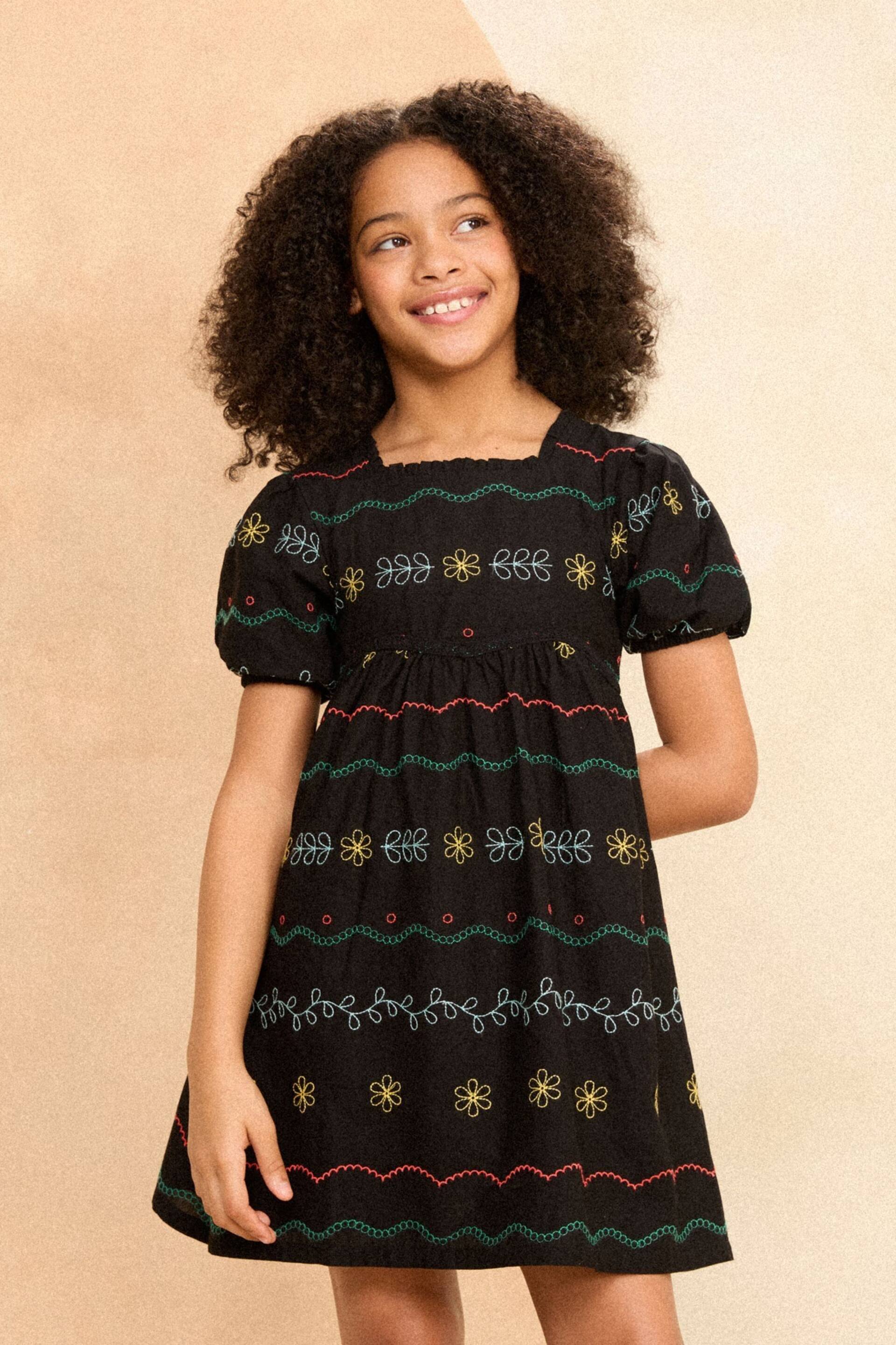 Love & Roses Black Contrast Embroidery Smock Dress (2-16yrs) - Image 1 of 3