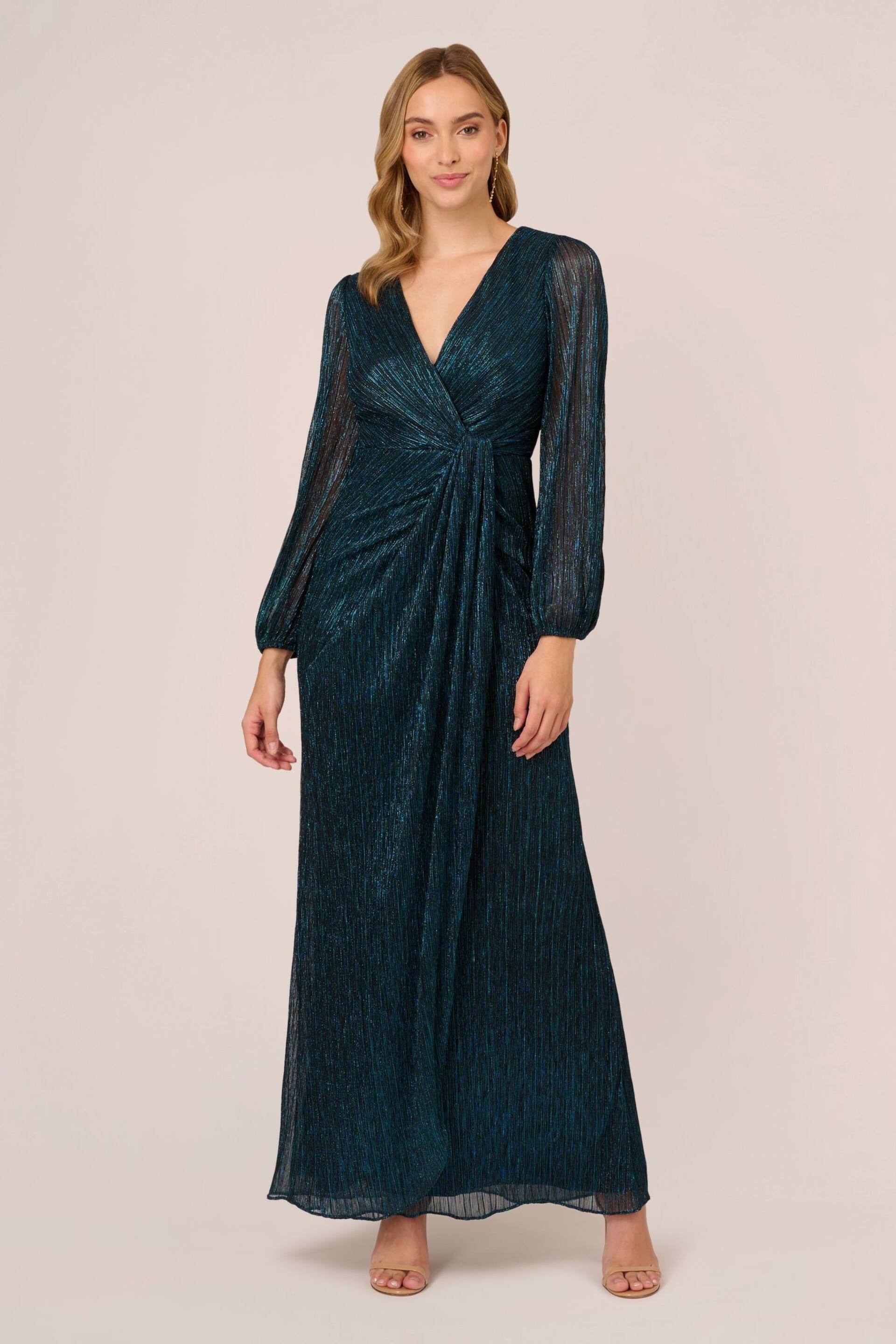 Adrianna Papell Blue Metallic Mesh Draped Gown - Image 1 of 7