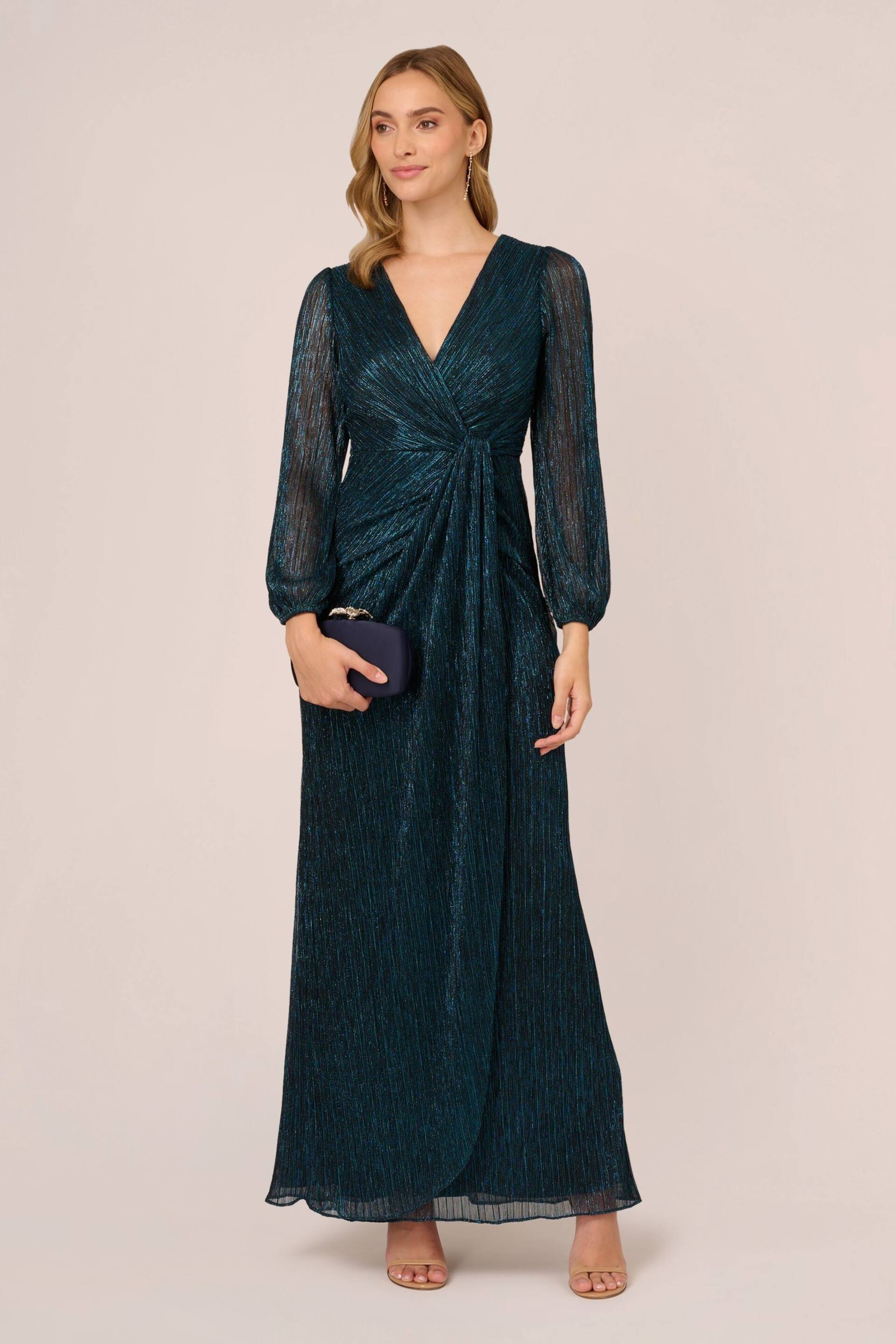 Adrianna Papell Blue Metallic Mesh Draped Gown - Image 3 of 7