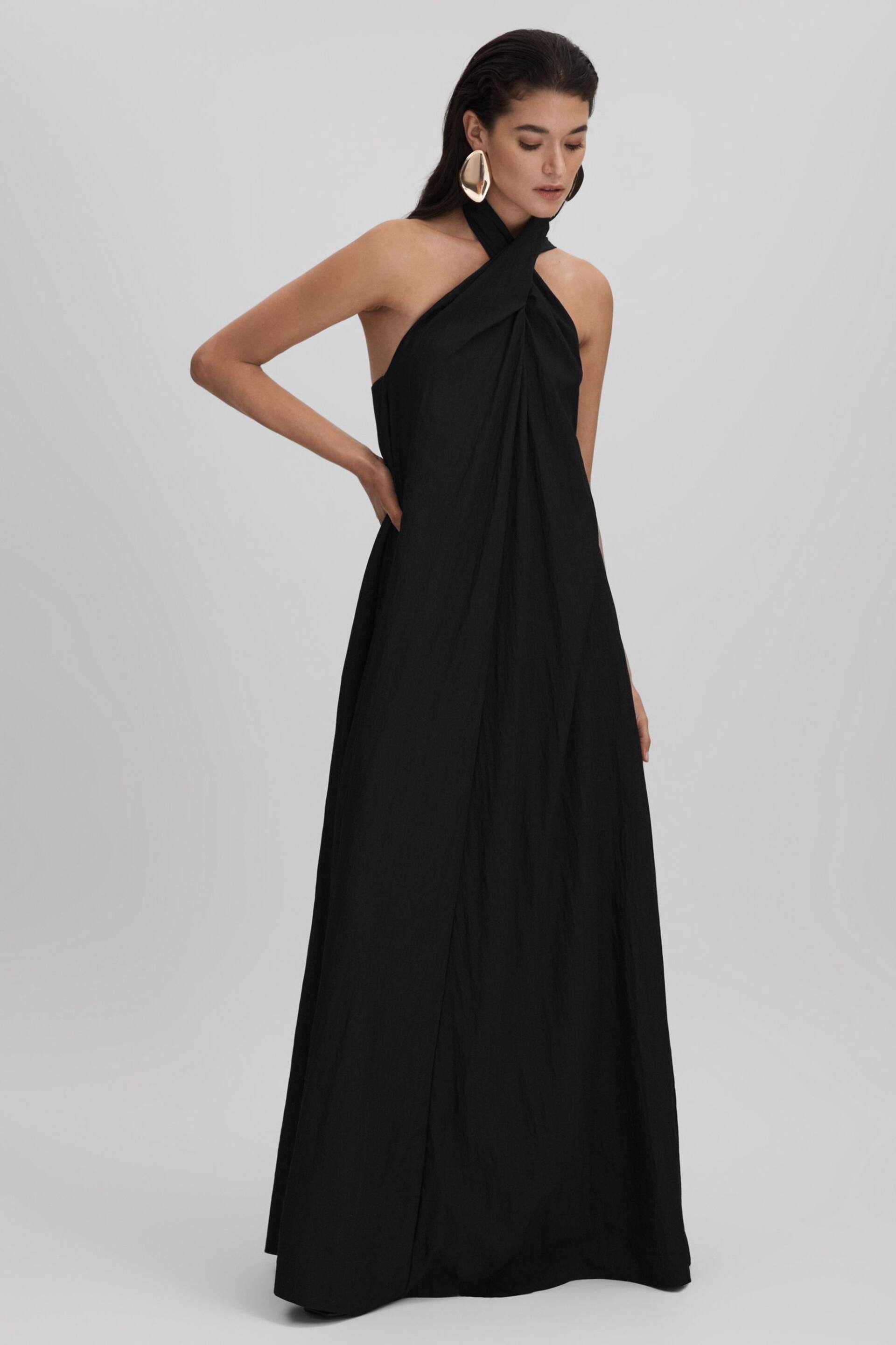 Reiss Black Phoebe Taffeta Halter Neck Maxi Dress - Image 1 of 6
