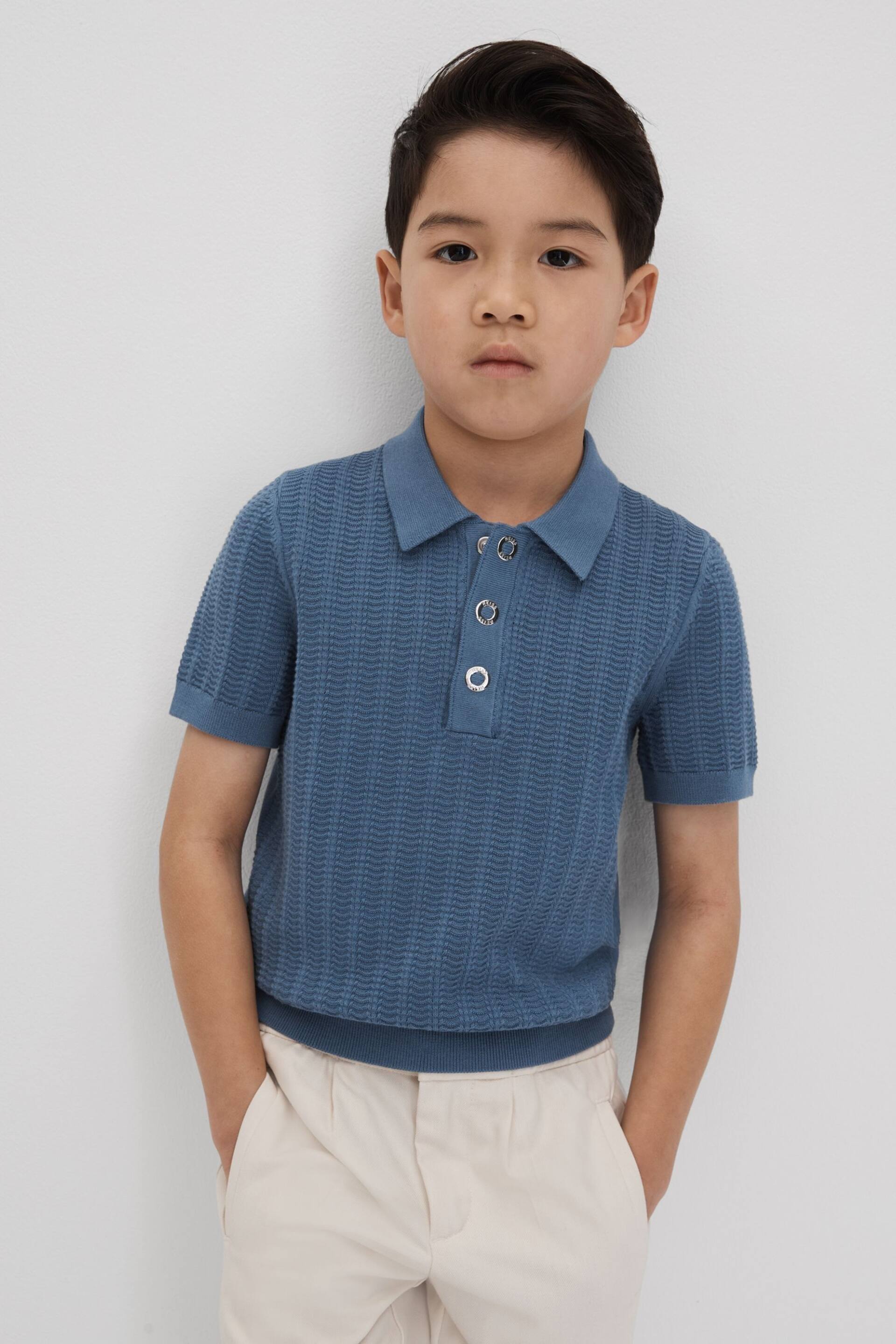 Reiss Cornflower Blue Pascoe Junior Textured Modal Blend Polo Shirt - Image 1 of 6
