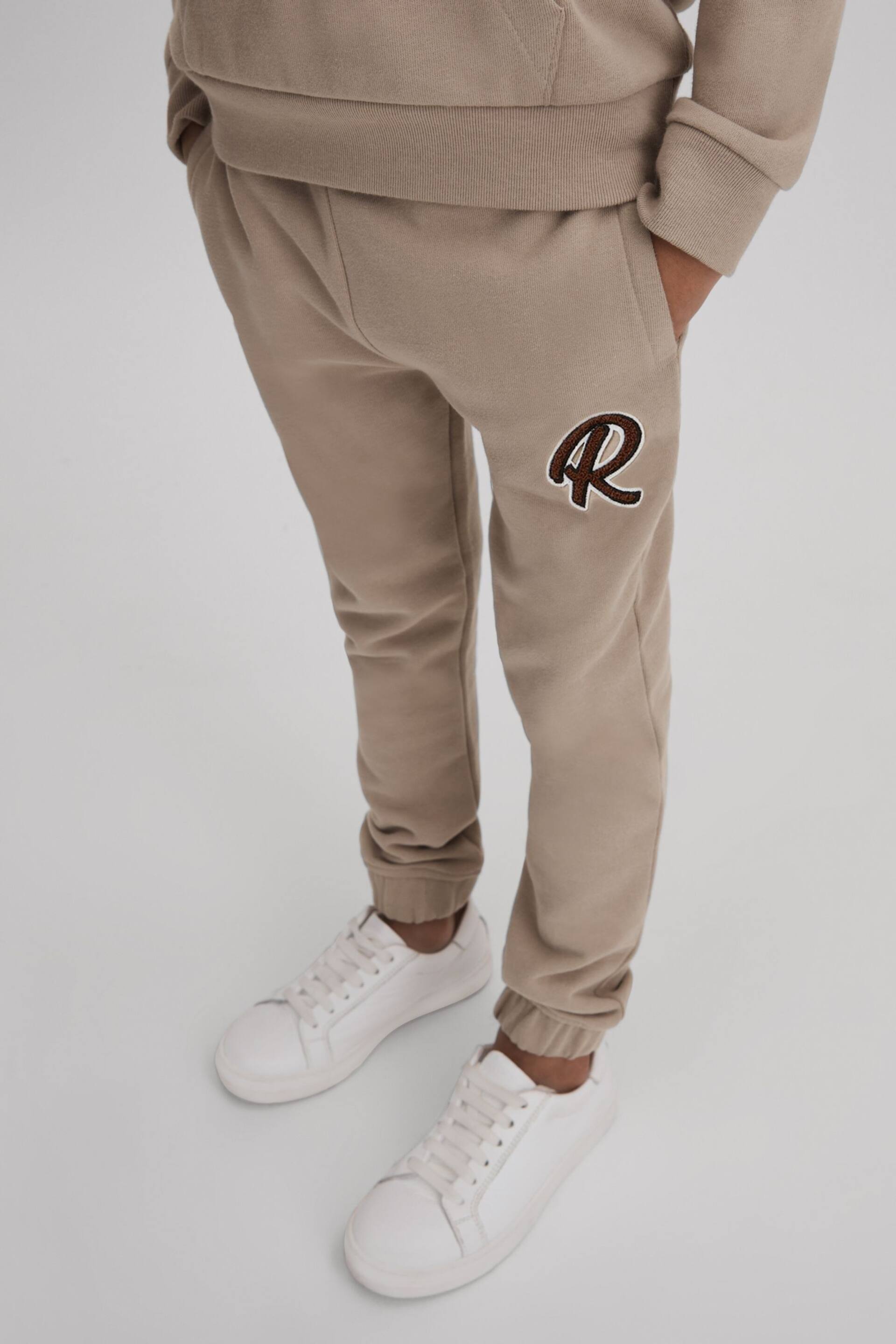 Reiss Taupe Toby Junior Cotton Elasticated Waist Motif Joggers - Image 3 of 4