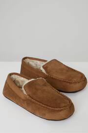 Threadbare Brown Faux Fur Lined Suedette Moccasin Slippers - Image 2 of 4