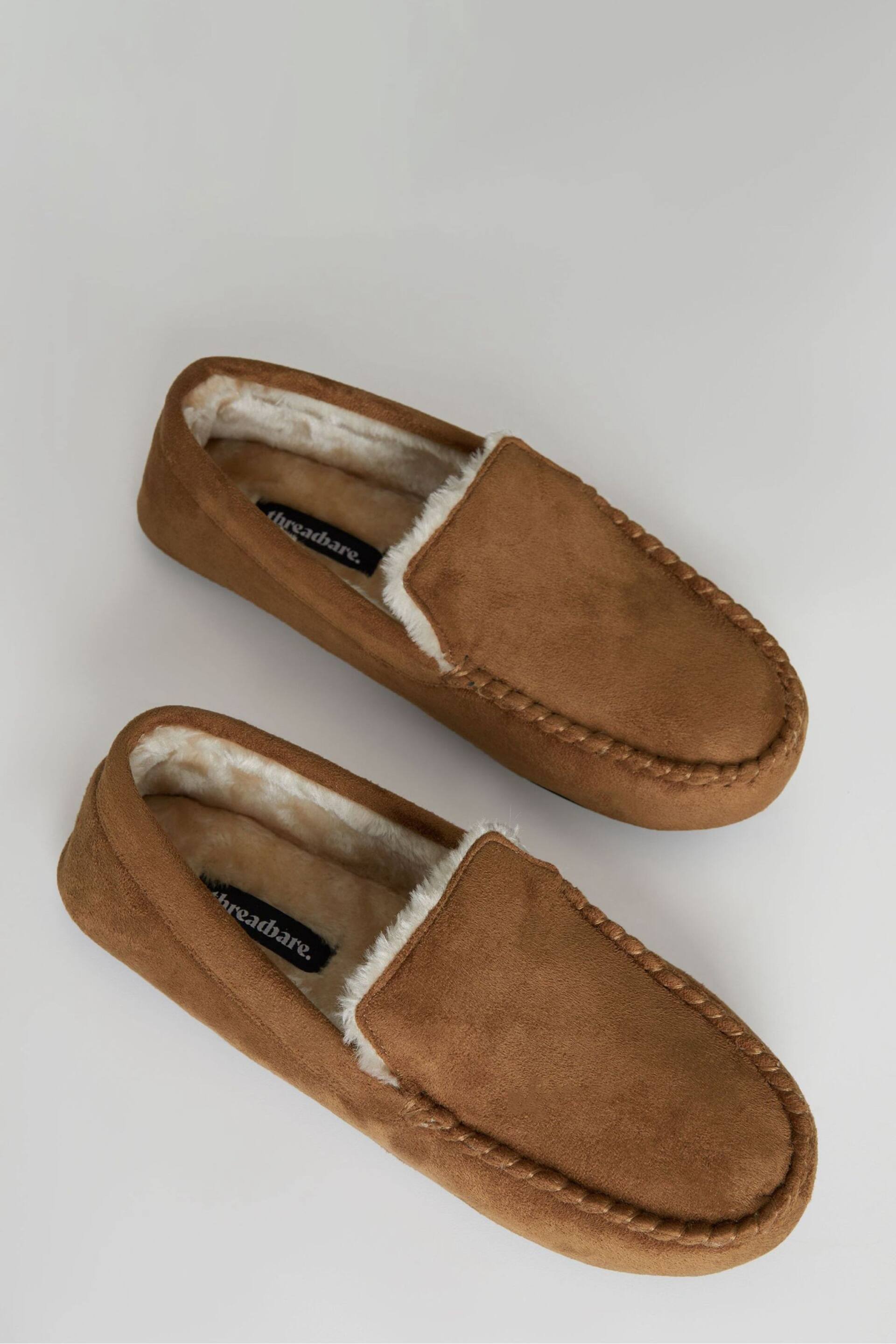 Threadbare Brown Faux Fur Lined Suedette Moccasin Slippers - Image 3 of 4