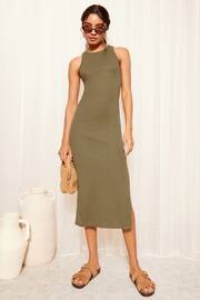 Friends Like These Khaki Green Rib Racer Round Neck Midi Dress - Image 3 of 4