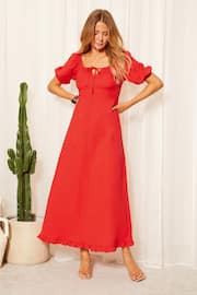 Friends Like These Red Crinkle Puff Sleeve Midi Dress - Image 1 of 4