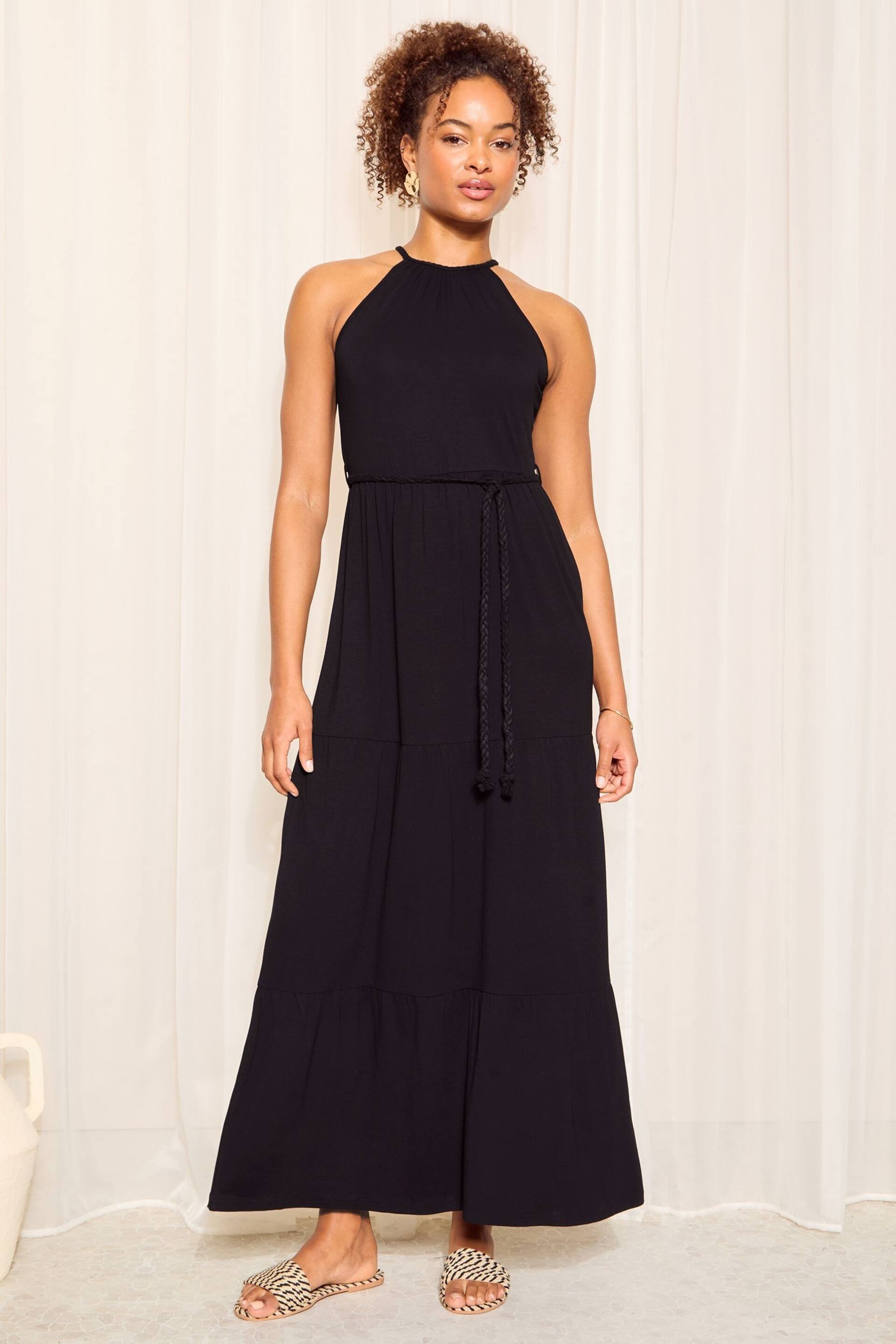 Friends Like These Black Halter Jersey Dress With Tie Belt - Image 1 of 4
