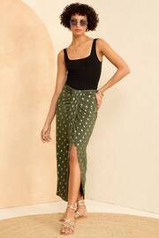 Love & Roses Khaki Dash Foil Knot Front Jersey Midi Skirt - Image 4 of 4