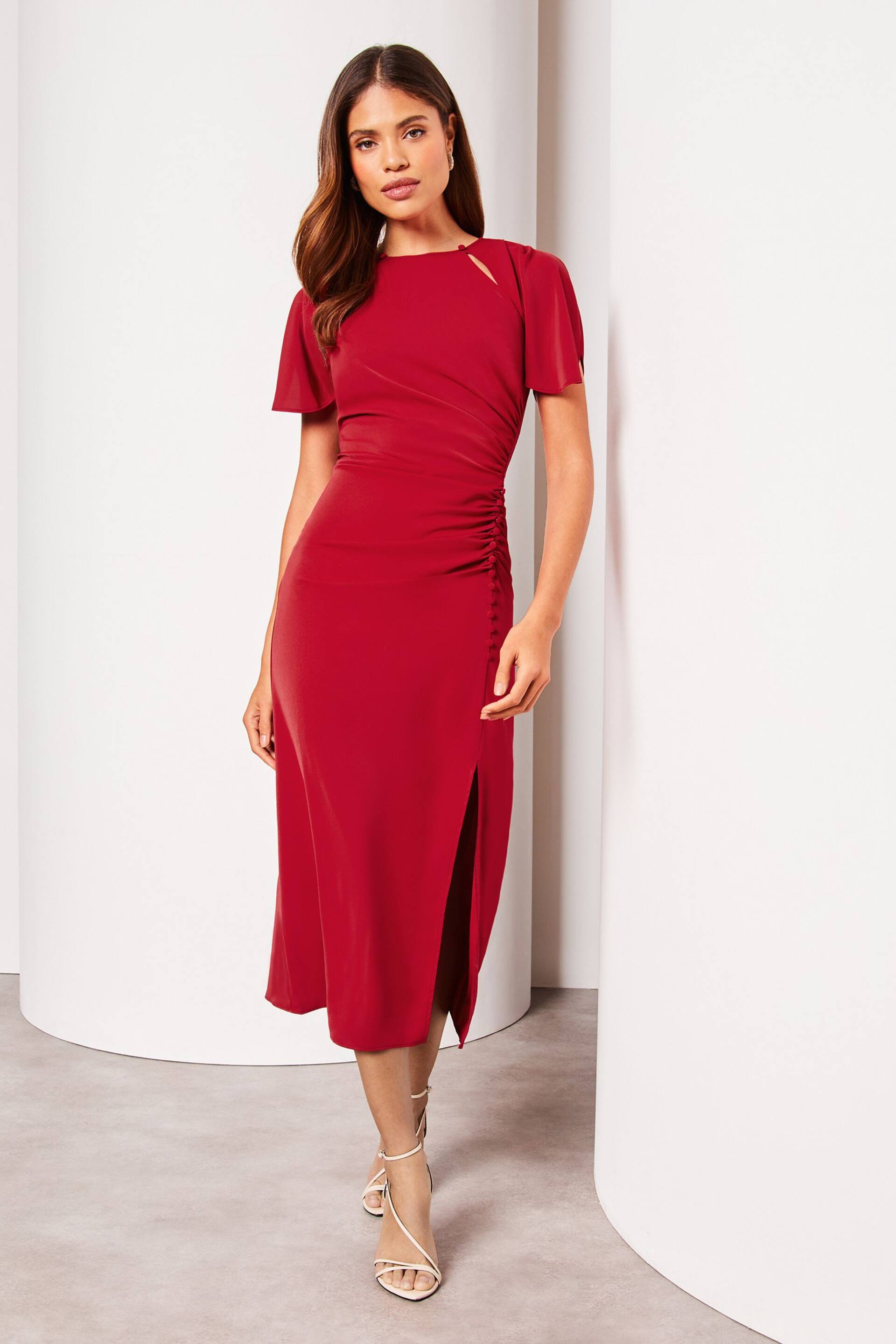 Lipsy Red Ruched Button Front Sleeved Midi Dress - Image 1 of 4