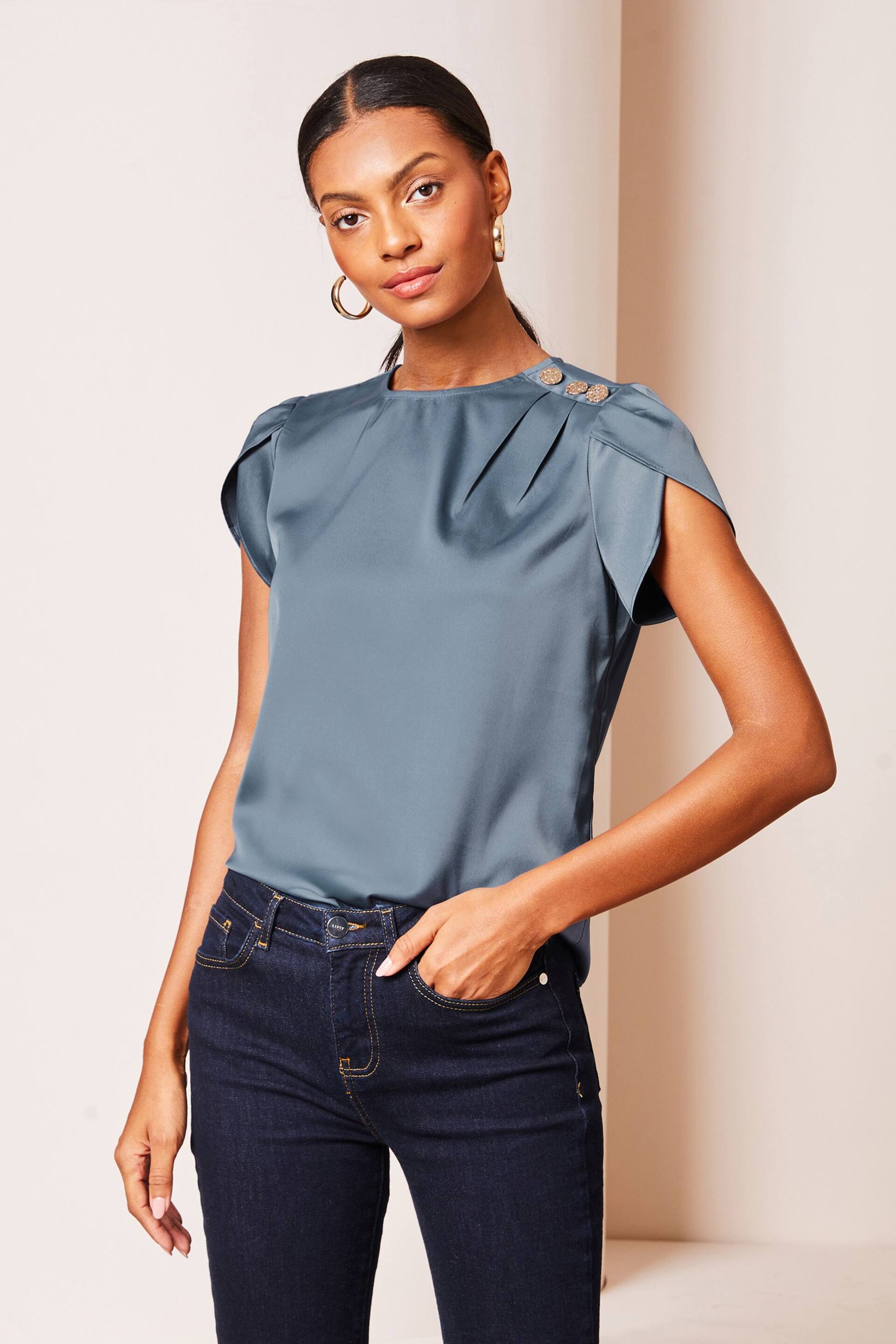 Lipsy Petrol Blue Tulip Sleeve Round Neck Button Detail Satin Top - Image 1 of 4