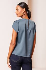 Lipsy Petrol Blue Tulip Sleeve Round Neck Button Detail Satin Top - Image 3 of 4