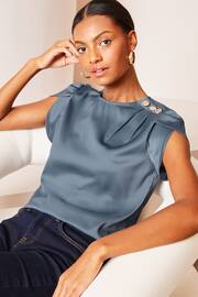 Lipsy Petrol Blue Tulip Sleeve Round Neck Button Detail Satin Top - Image 4 of 4