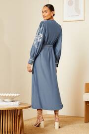 Love & Roses Blue Petite Embroidered TENCEL™ Belted Midi Shirt Dress - Image 3 of 4