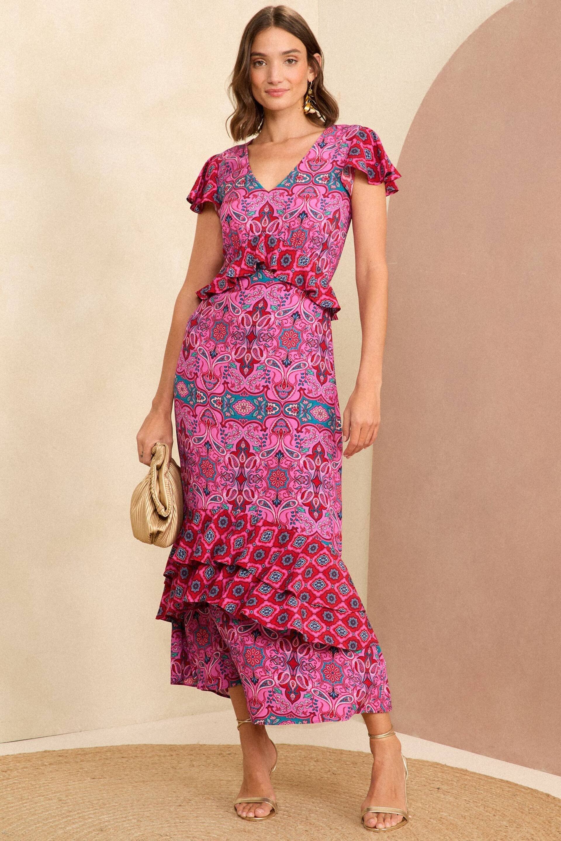 Love & Roses Pink Tile Ruffle Detail Cap Sleeve Midi Dress - Image 1 of 4