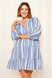 Curves Like These Blue Grandad Collar Tier Smock Dress - Image 1 of 4
