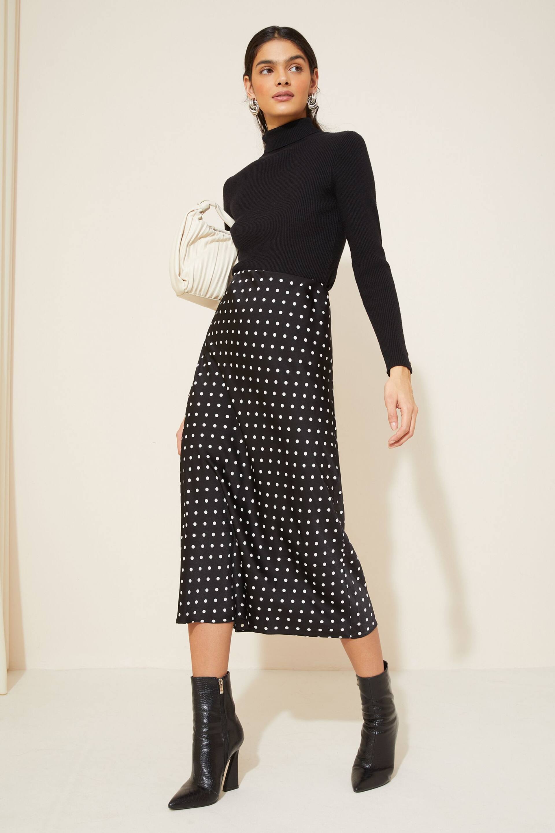 Friends Like These Black Polka Dot Satin Bias Midi Skirt - Image 2 of 4