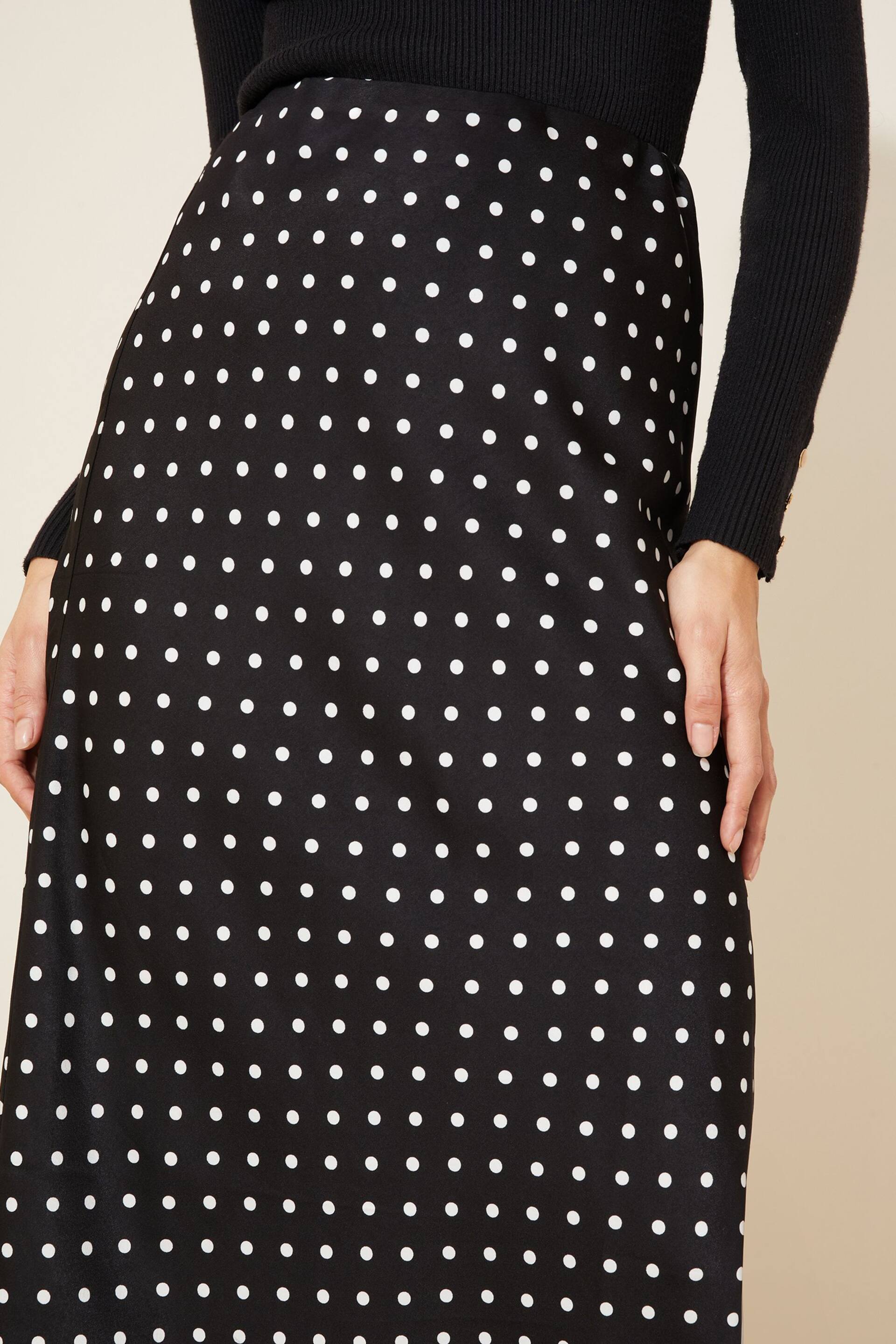 Friends Like These Black Polka Dot Satin Bias Midi Skirt - Image 3 of 4