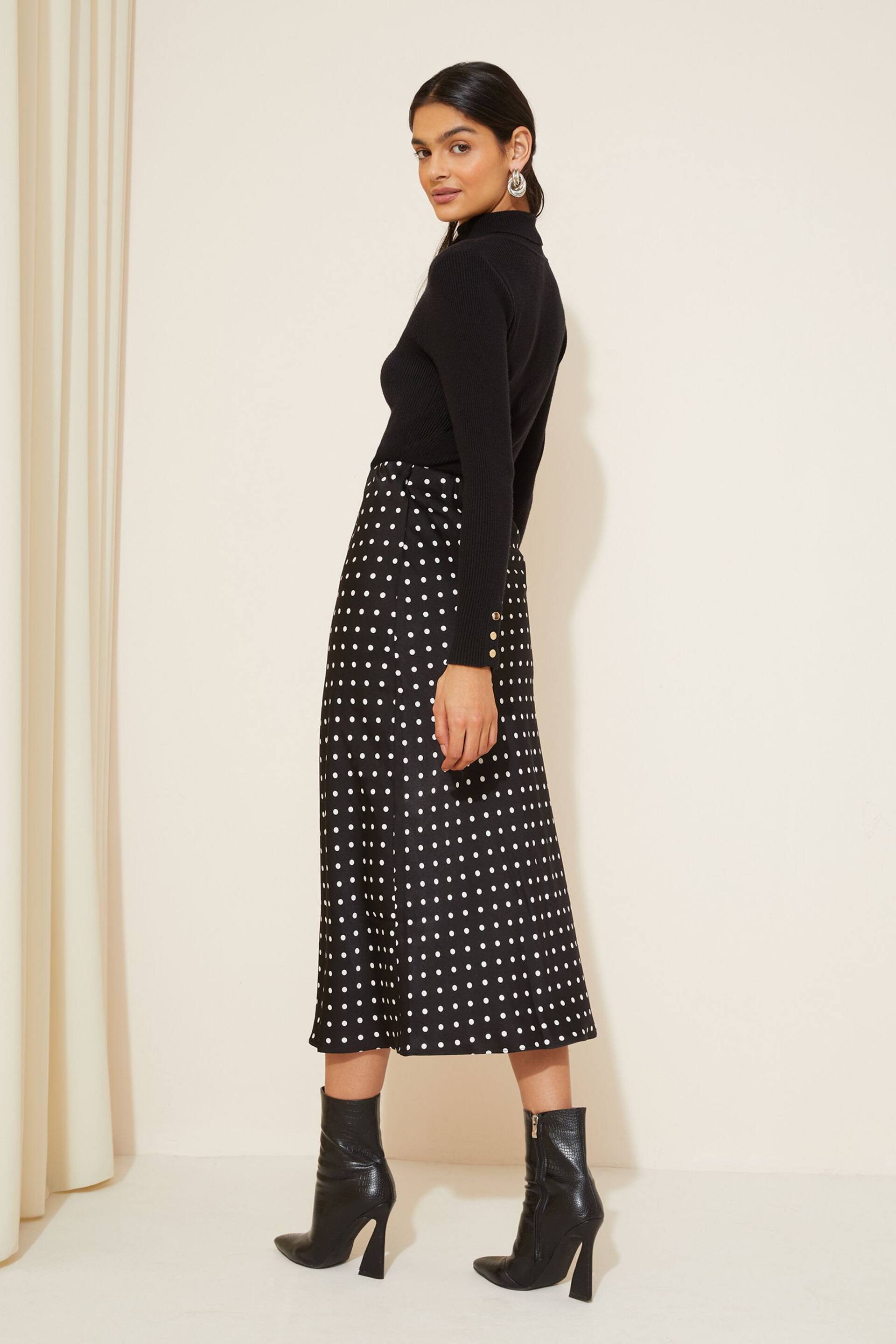 Friends Like These Black Polka Dot Satin Bias Midi Skirt - Image 4 of 4