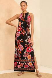 Love & Roses Black Floral Petite Halter Neck Trim Detail Jersey Maxi Dress - Image 1 of 4
