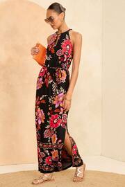 Love & Roses Black Floral Petite Halter Neck Trim Detail Jersey Maxi Dress - Image 4 of 4