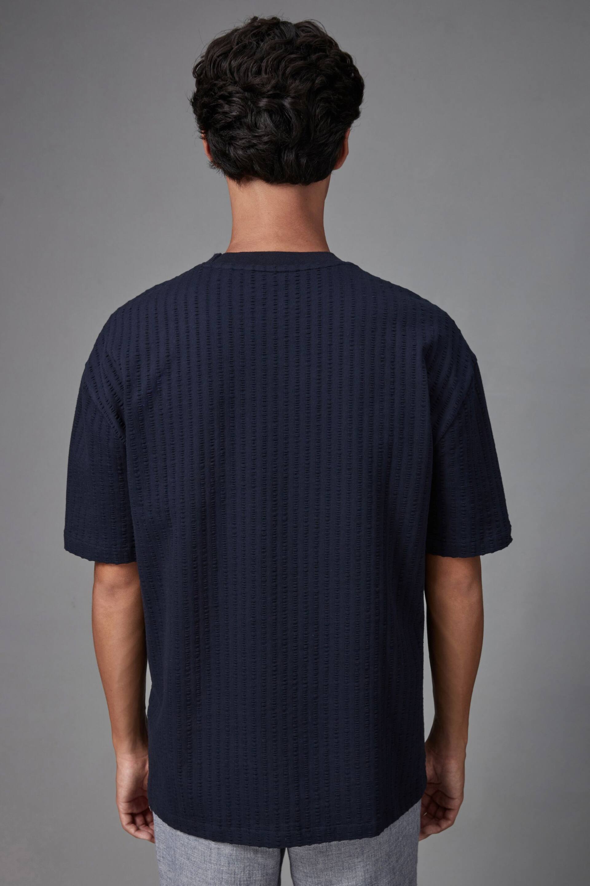 Navy Blue Relaxed Fit Seersucker Texture T-Shirt - Image 4 of 8