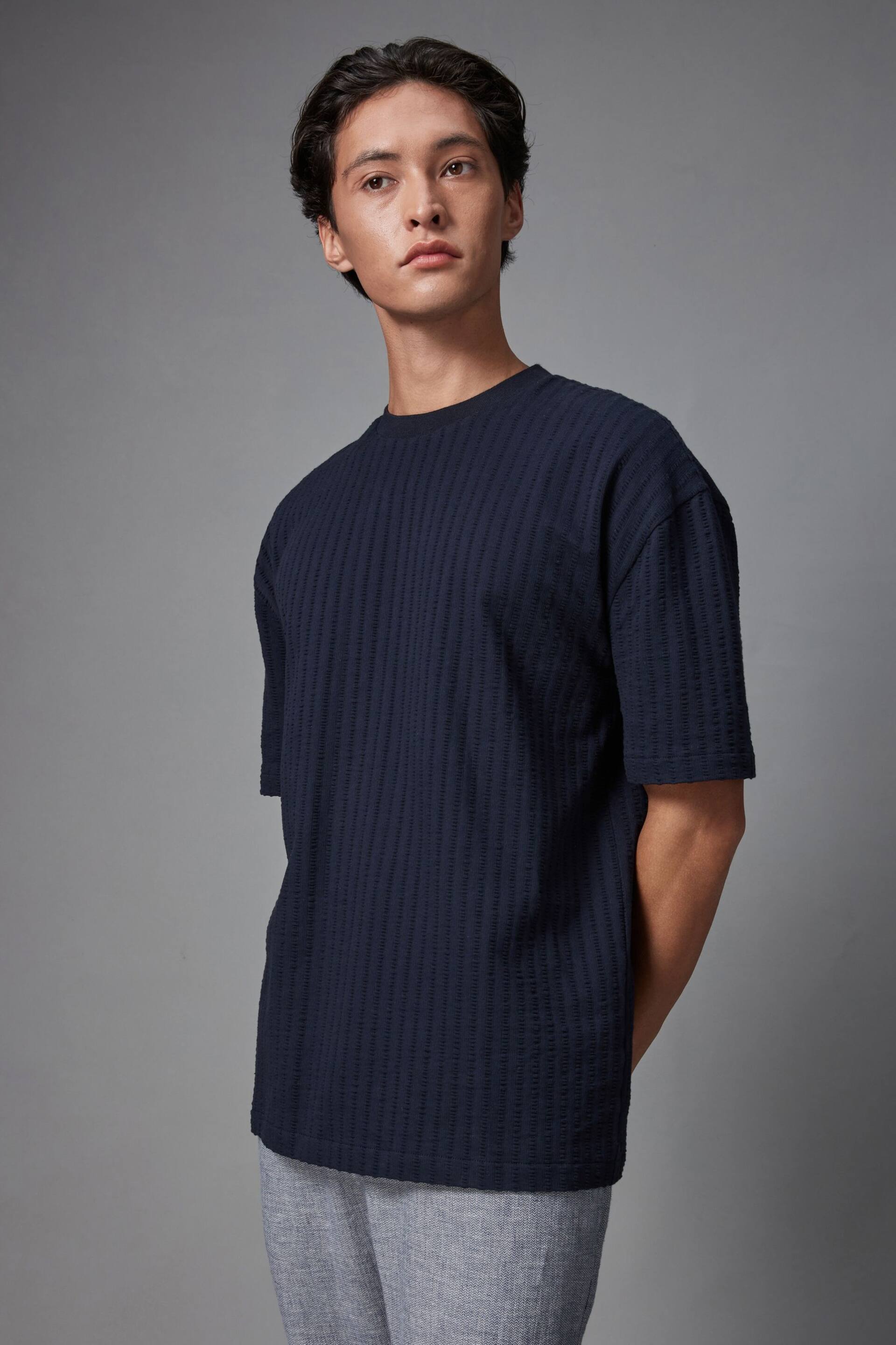 Navy Blue Relaxed Fit Seersucker Texture T-Shirt - Image 5 of 8