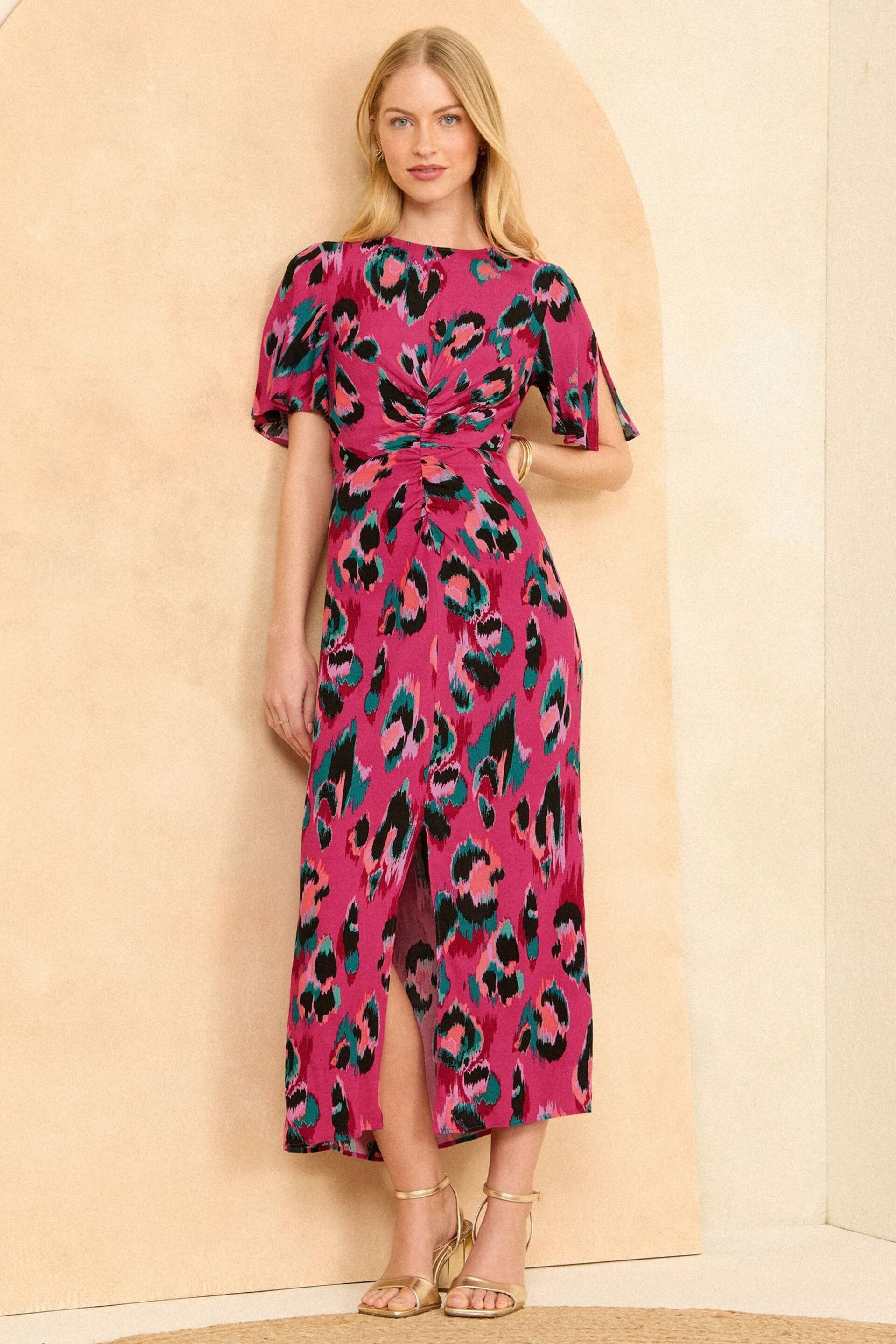 Love & Roses Pink Animal Ruched Flutter Sleeve Midi Dress - Image 1 of 3
