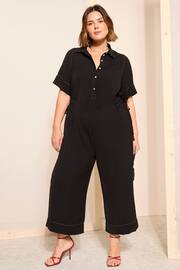 Curves Like These Black Contrast Stitch Utility Wide Leg Jumpsuit - Image 3 of 4