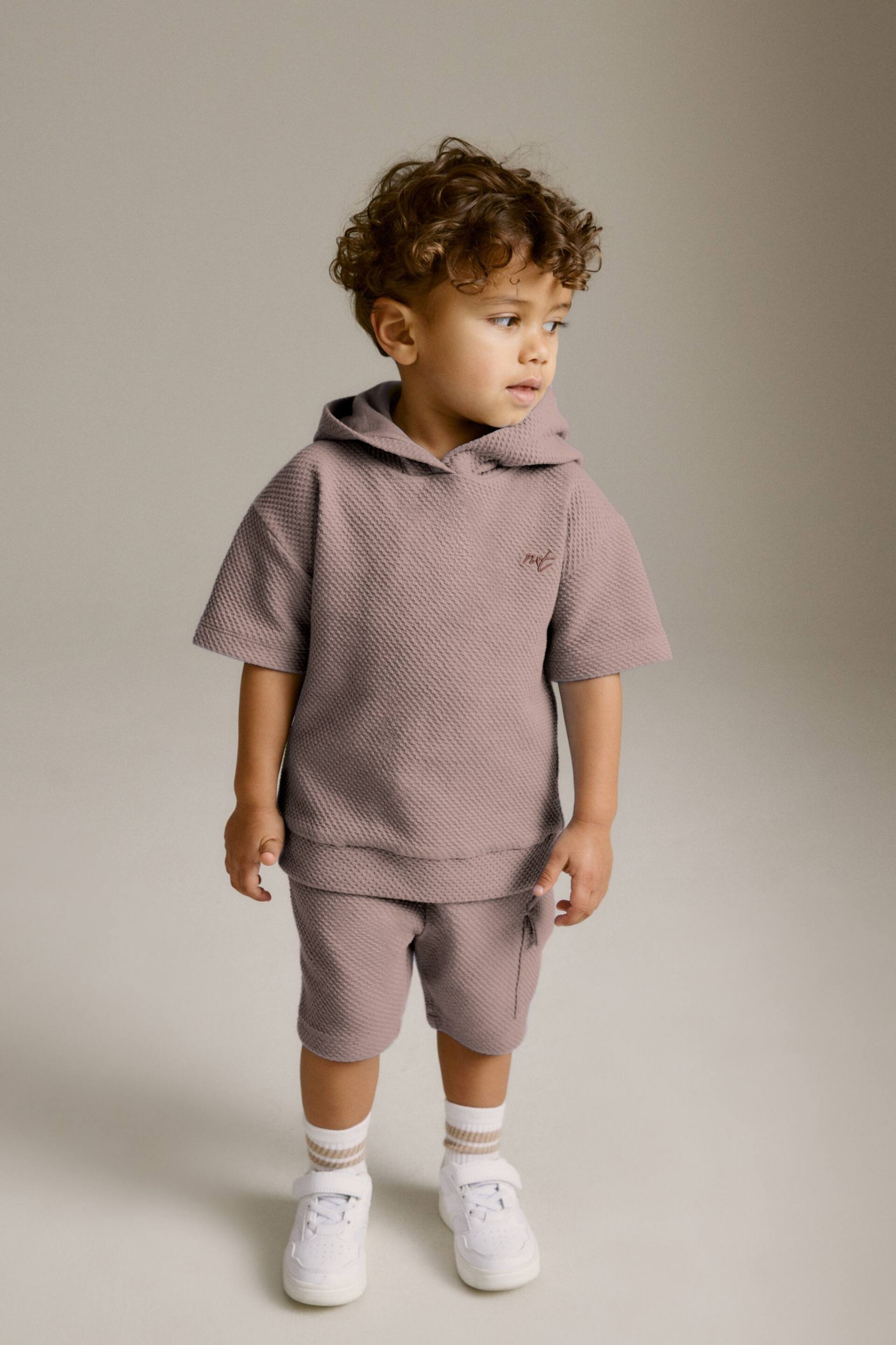 Tan Brown Short Sleeve Textured Hoodie and Shorts Set (3mths-7yrs) - Image 2 of 8