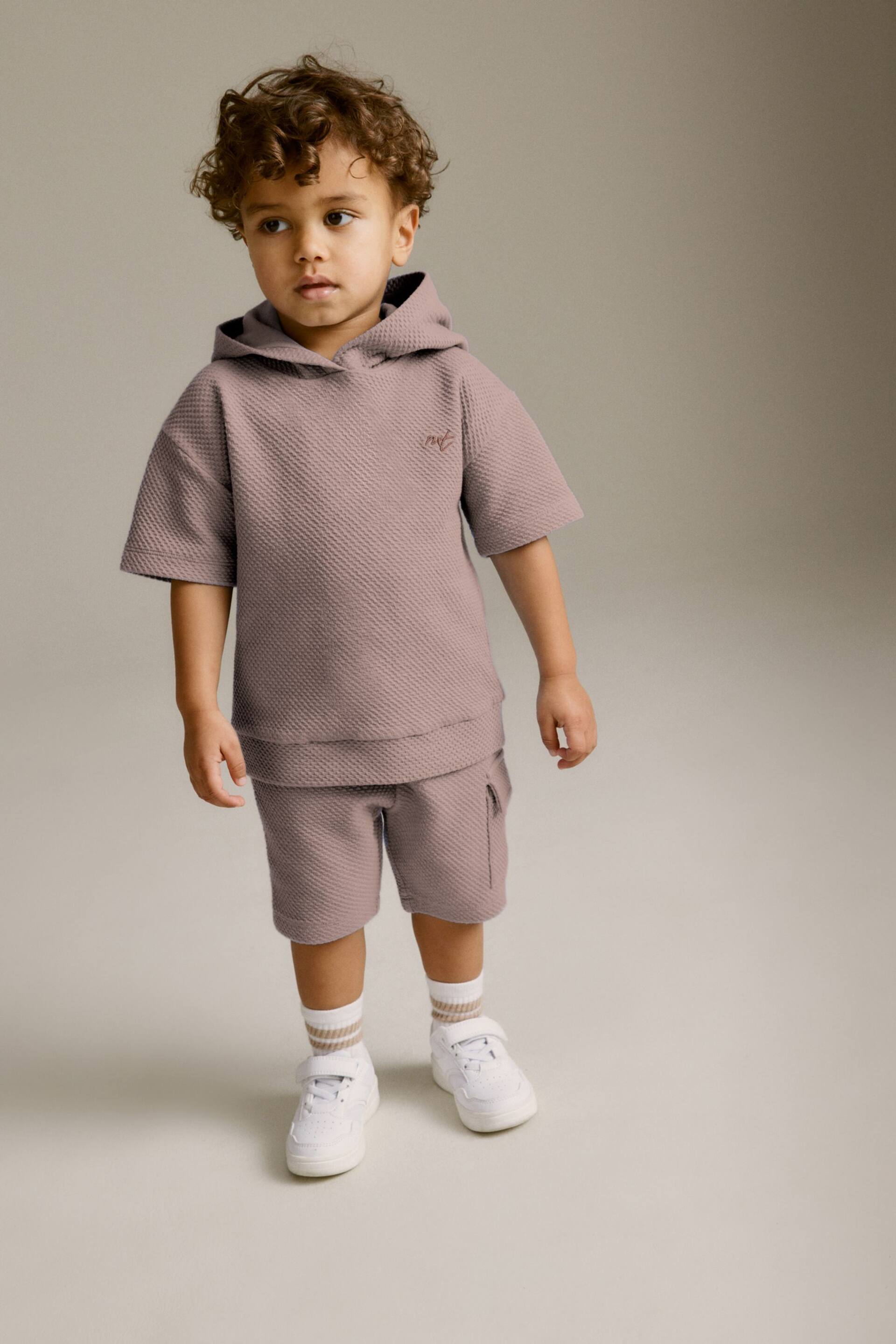 Tan Brown Short Sleeve Textured Hoodie and Shorts Set (3mths-7yrs) - Image 3 of 8