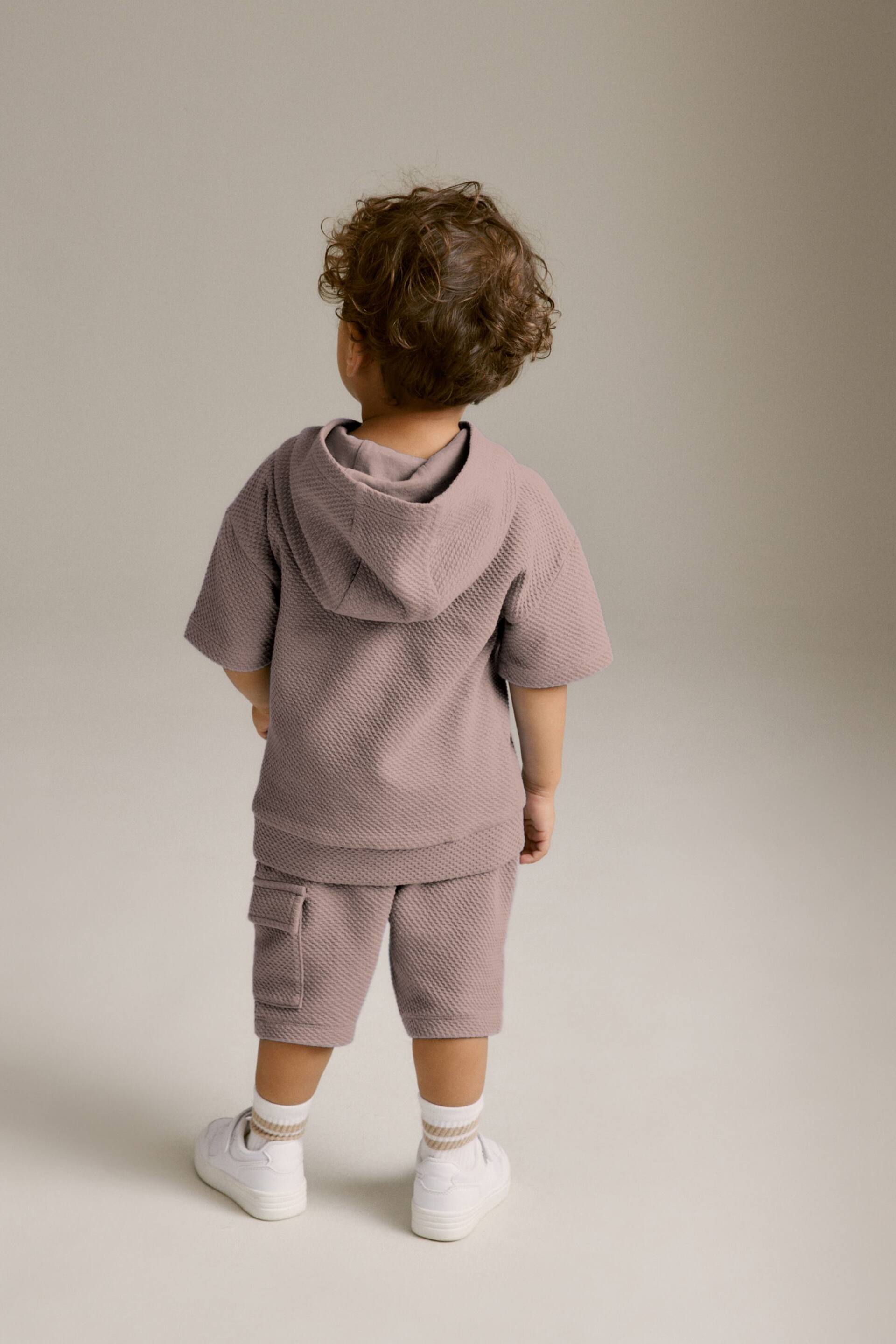 Tan Brown Short Sleeve Textured Hoodie and Shorts Set (3mths-7yrs) - Image 4 of 8