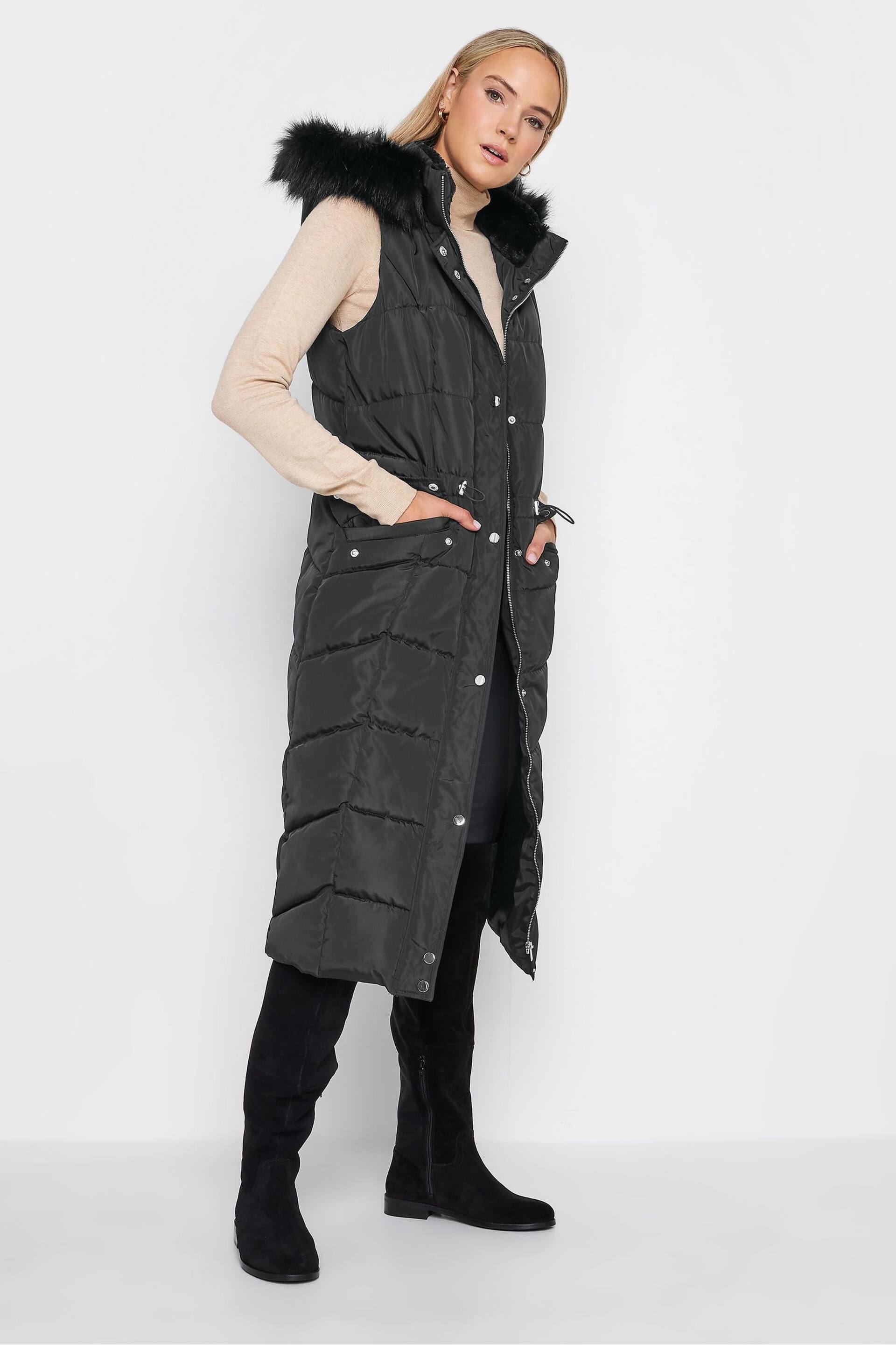 Long Tall Sally Black Faux Fur Trim Midi Gilet - Image 3 of 5