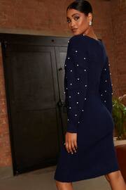 Chi Chi London Blue Pearl Detail Twist Front Knitted Midi Dress - Image 2 of 4