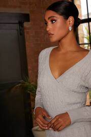 Chi Chi London Grey Pearl Detail Cable Knit Wrap Style Jumper - Image 4 of 4